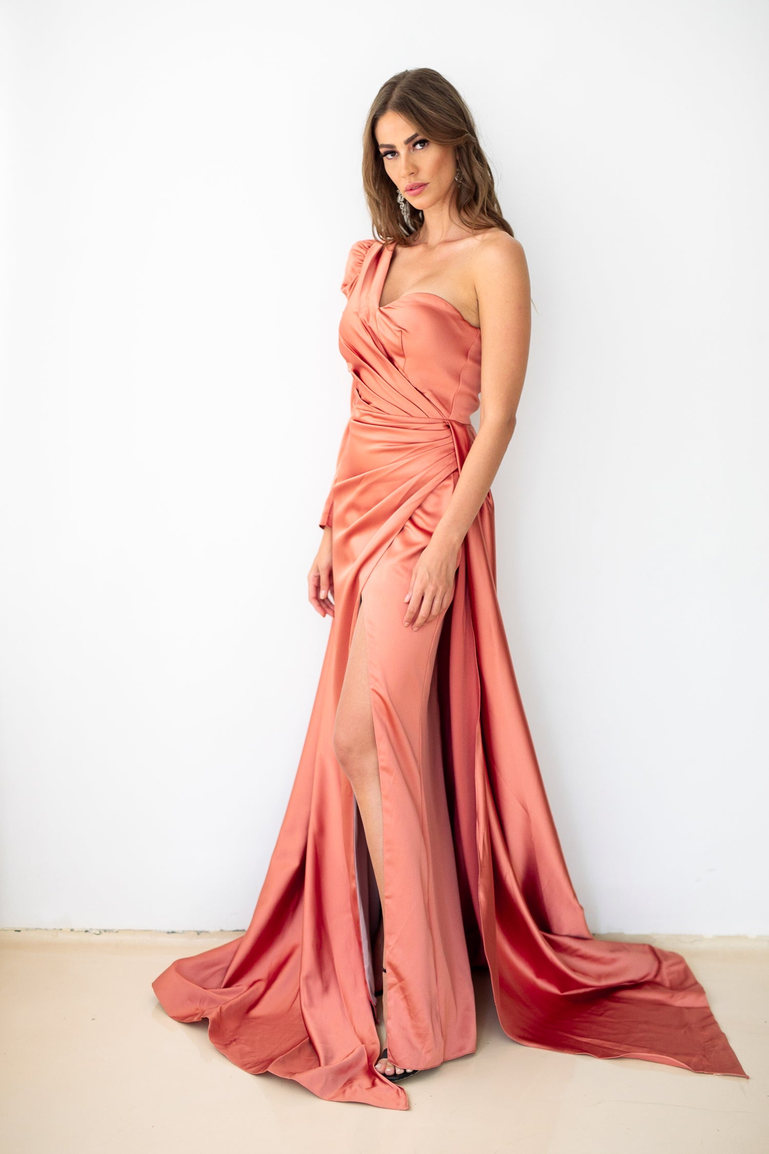 One shoulder satin dress with slit and overskirt in Simon