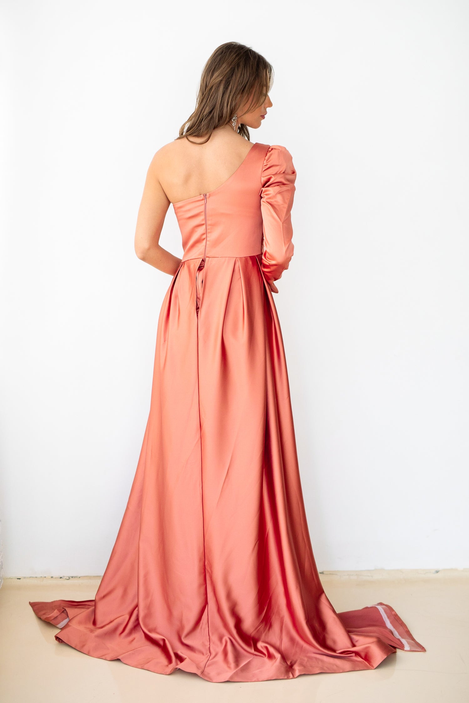 One shoulder satin dress with slit and overskirt in Simon