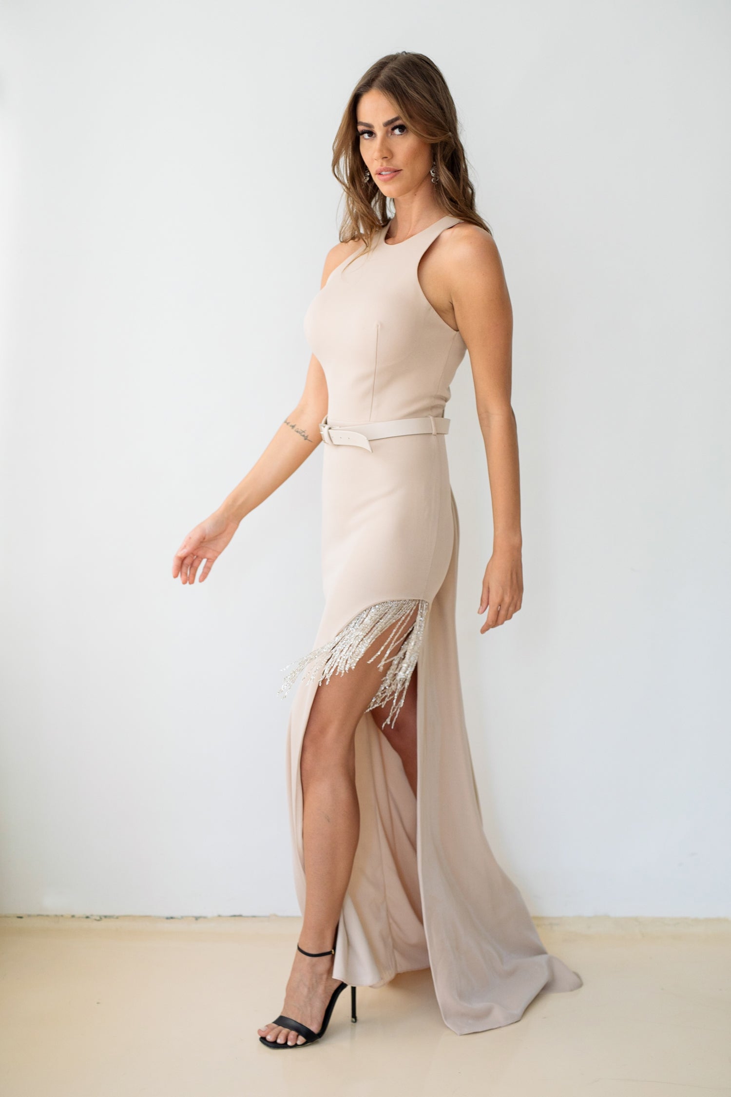 High low Dress with fringes in Beige
