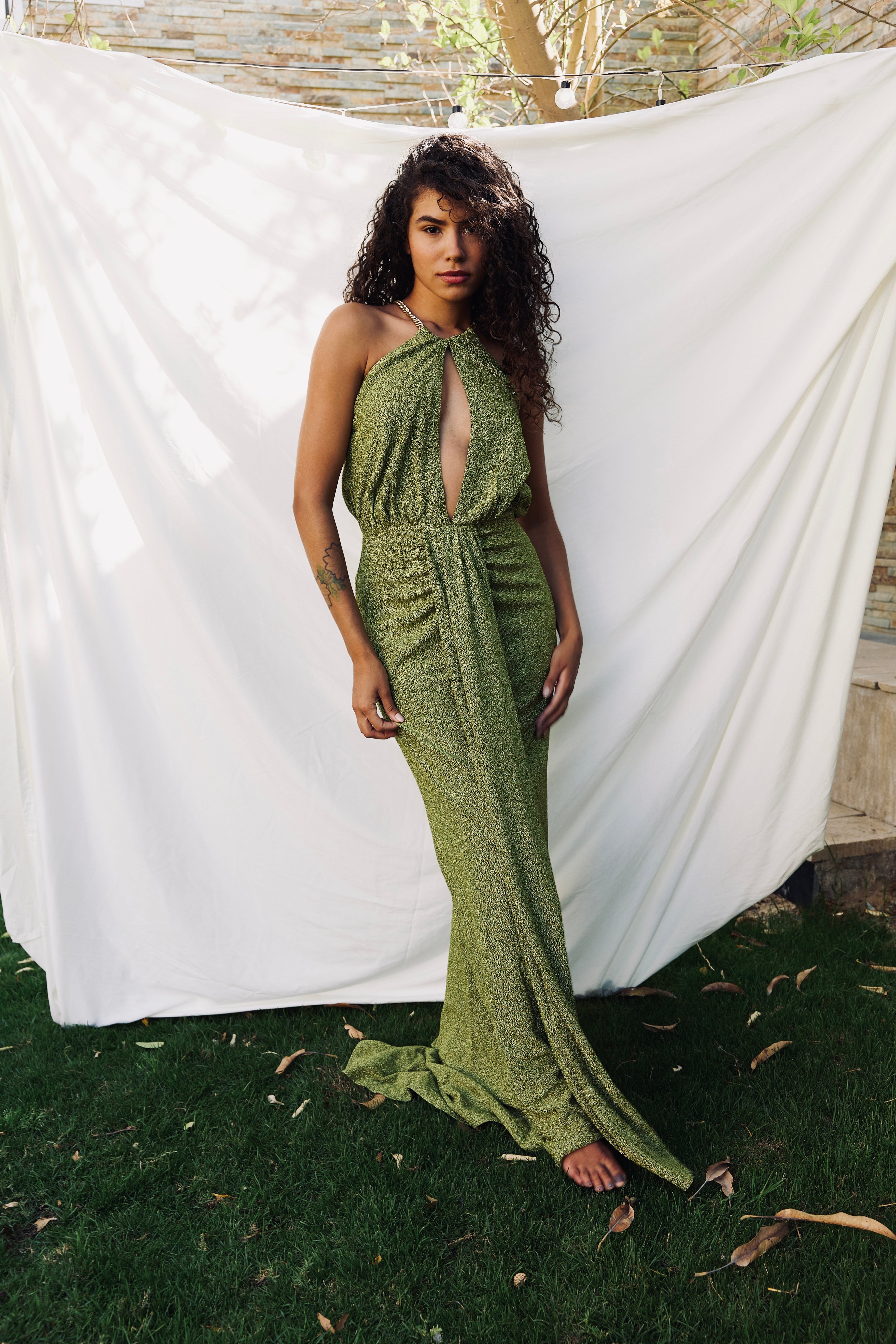 SHIMMERY HALTER NECK DRESS WITH CHAINS IN GREEN