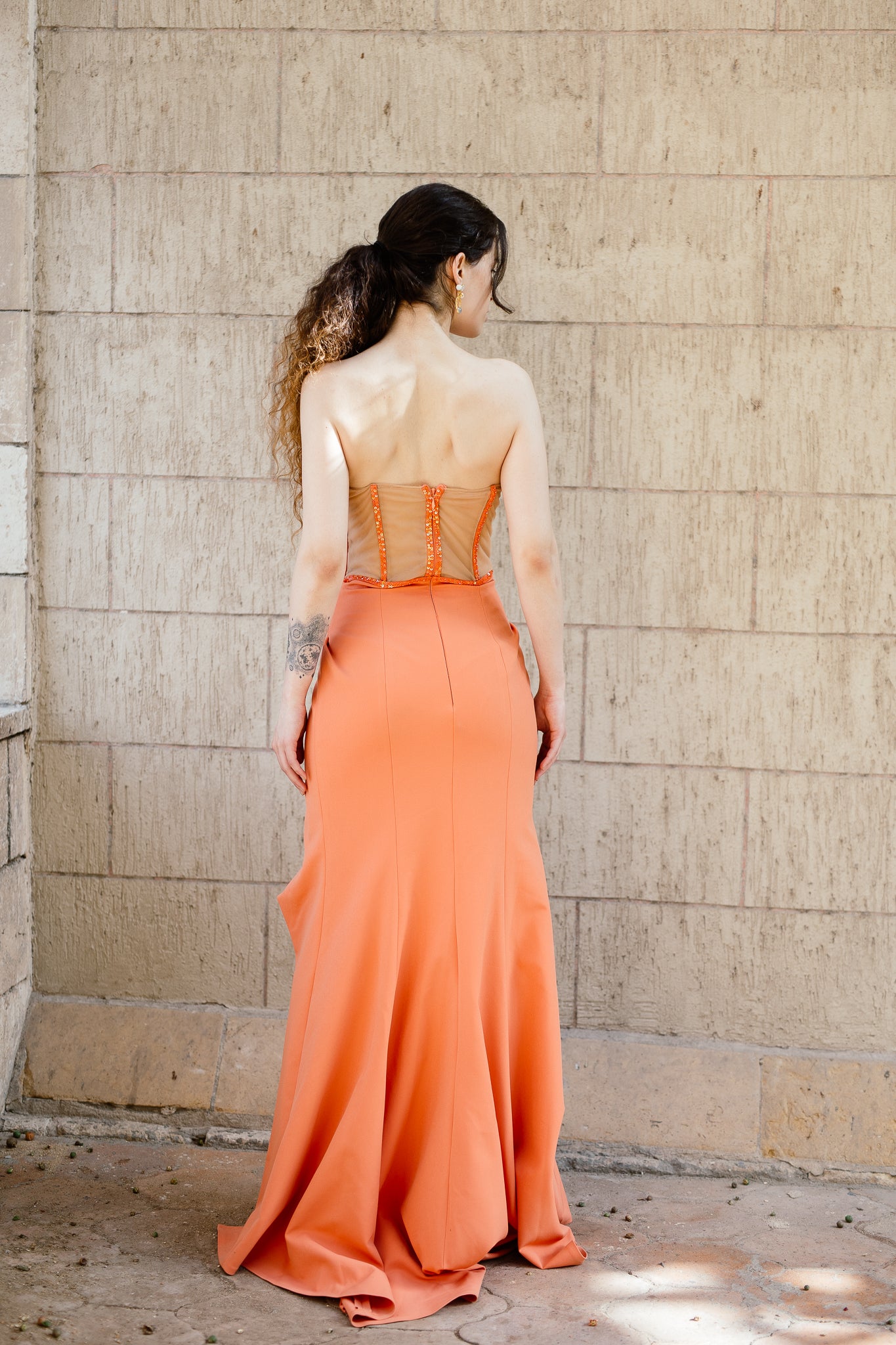 See through dress with slit in Orange