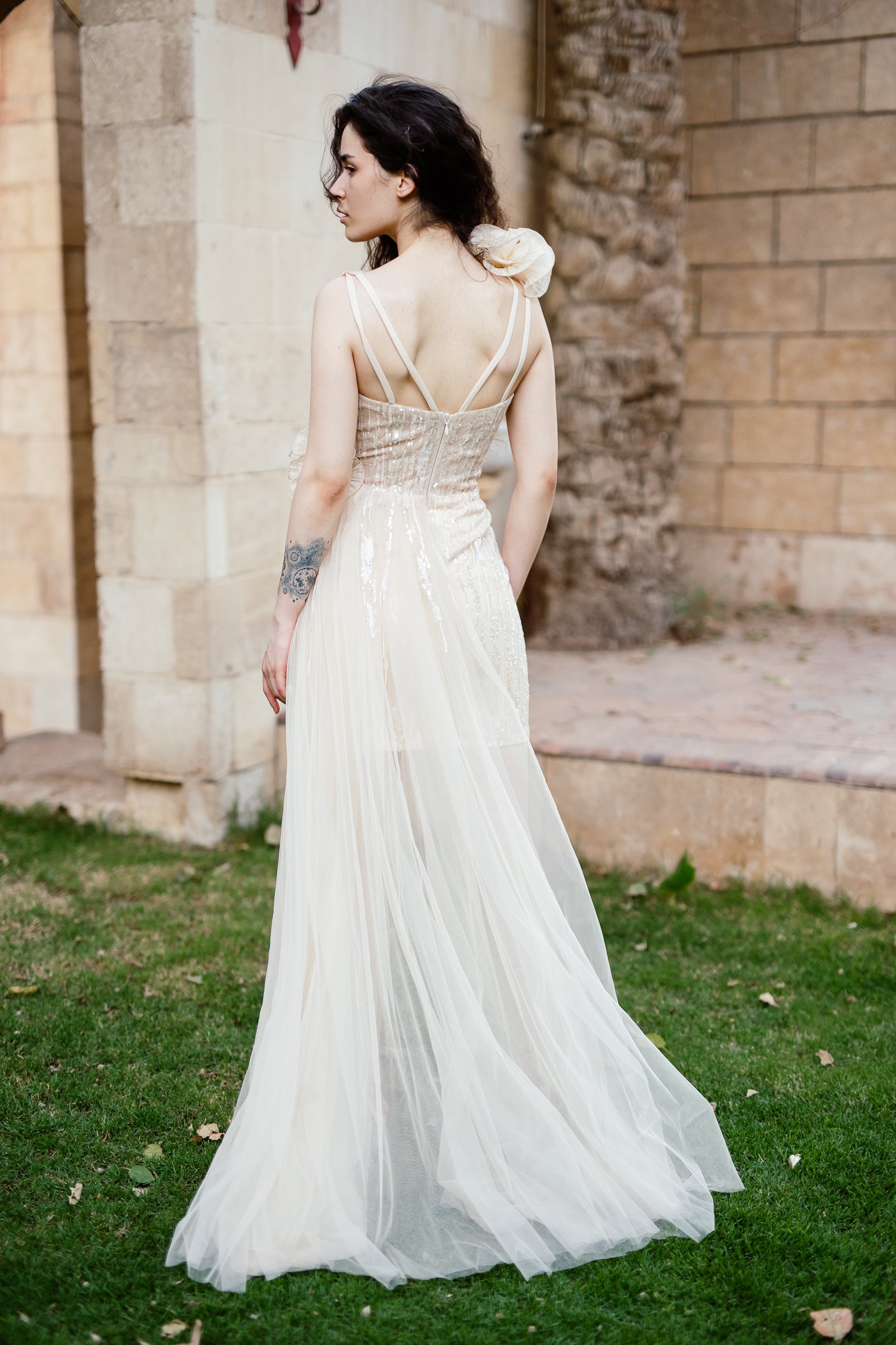 High low embroidered gown in Gold