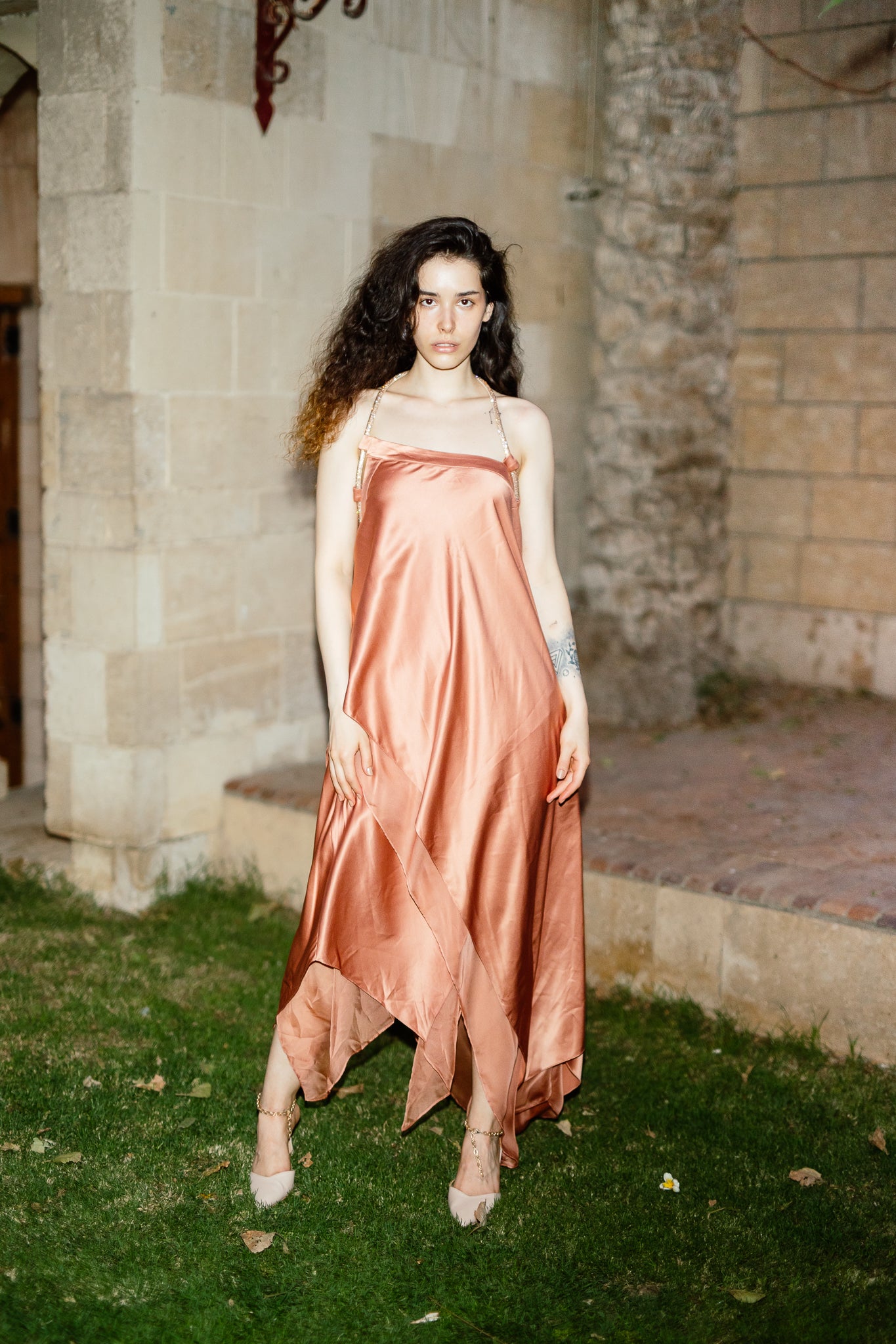 Midi Satin dress in Brick