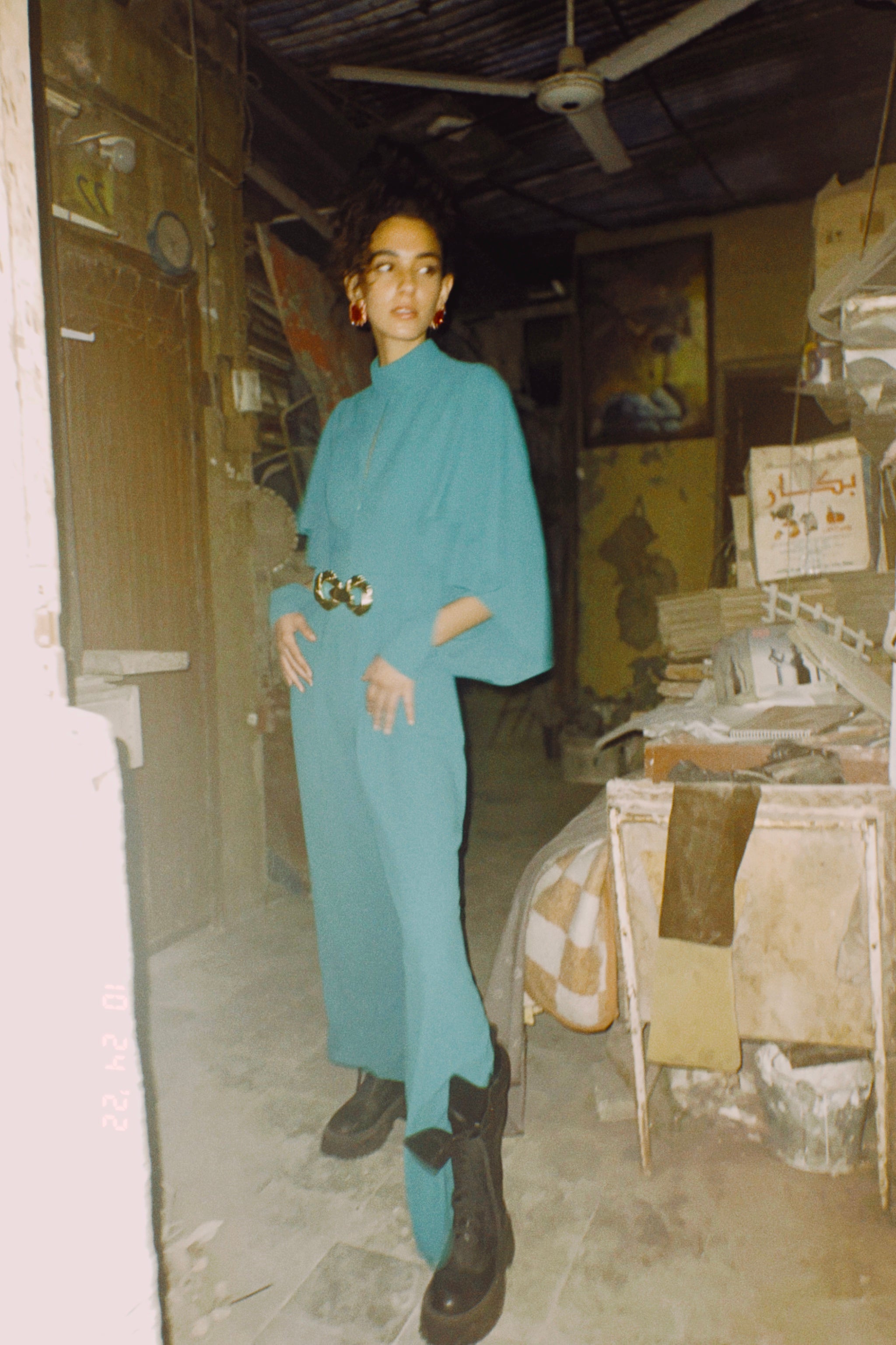 Long sleeve ruffled jumpsuit in Teel