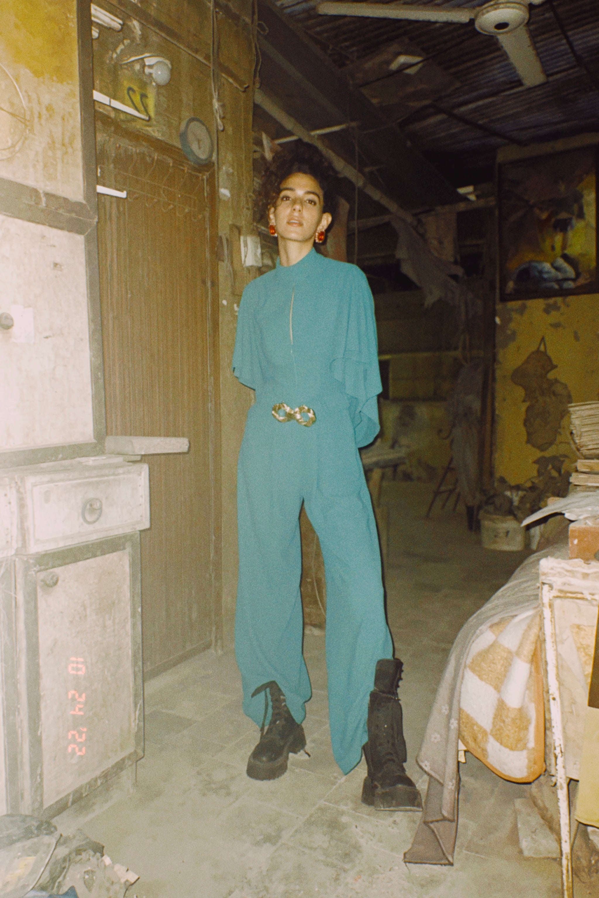 Long sleeve ruffled jumpsuit in Teel