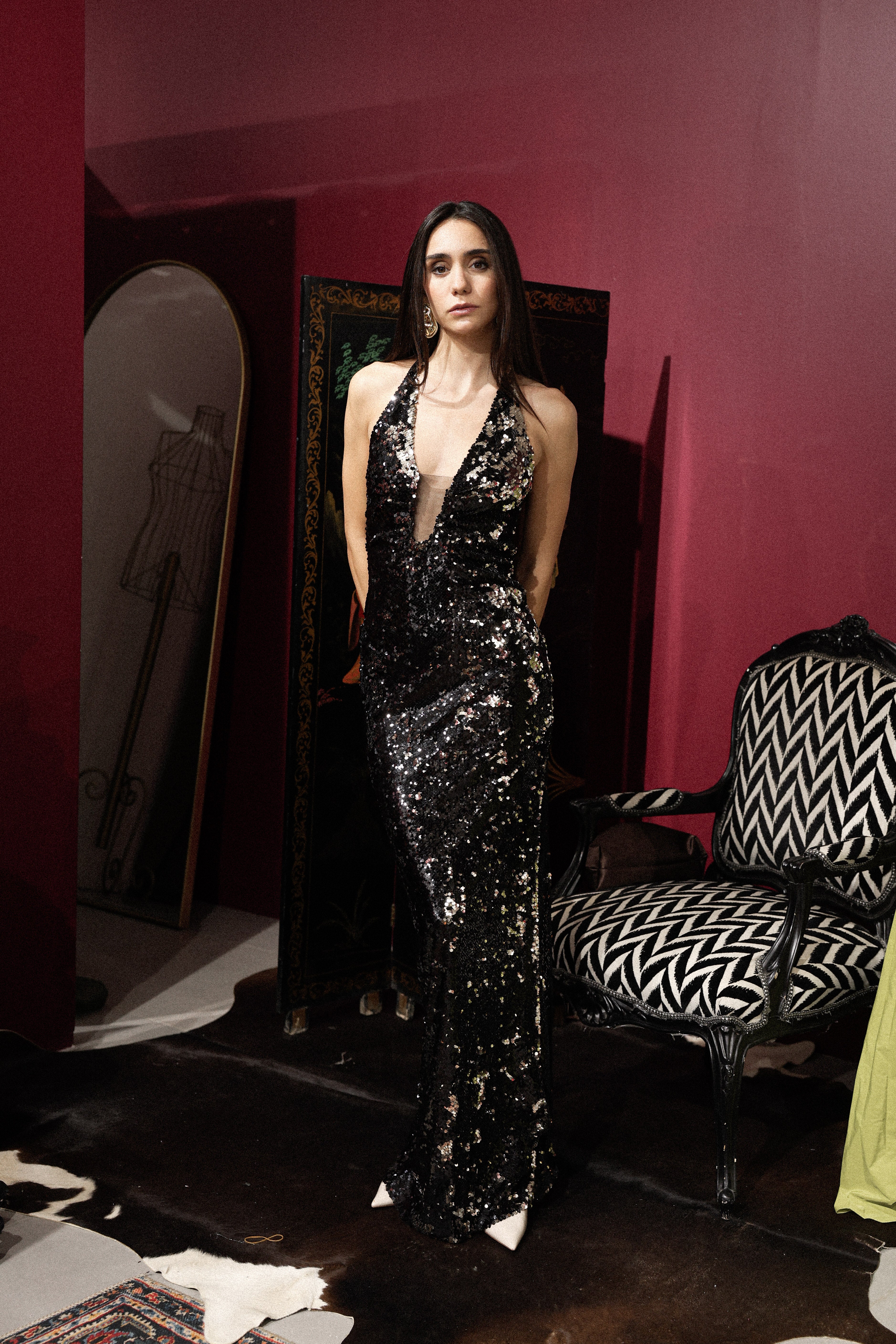 halter neck long dress in black x gold