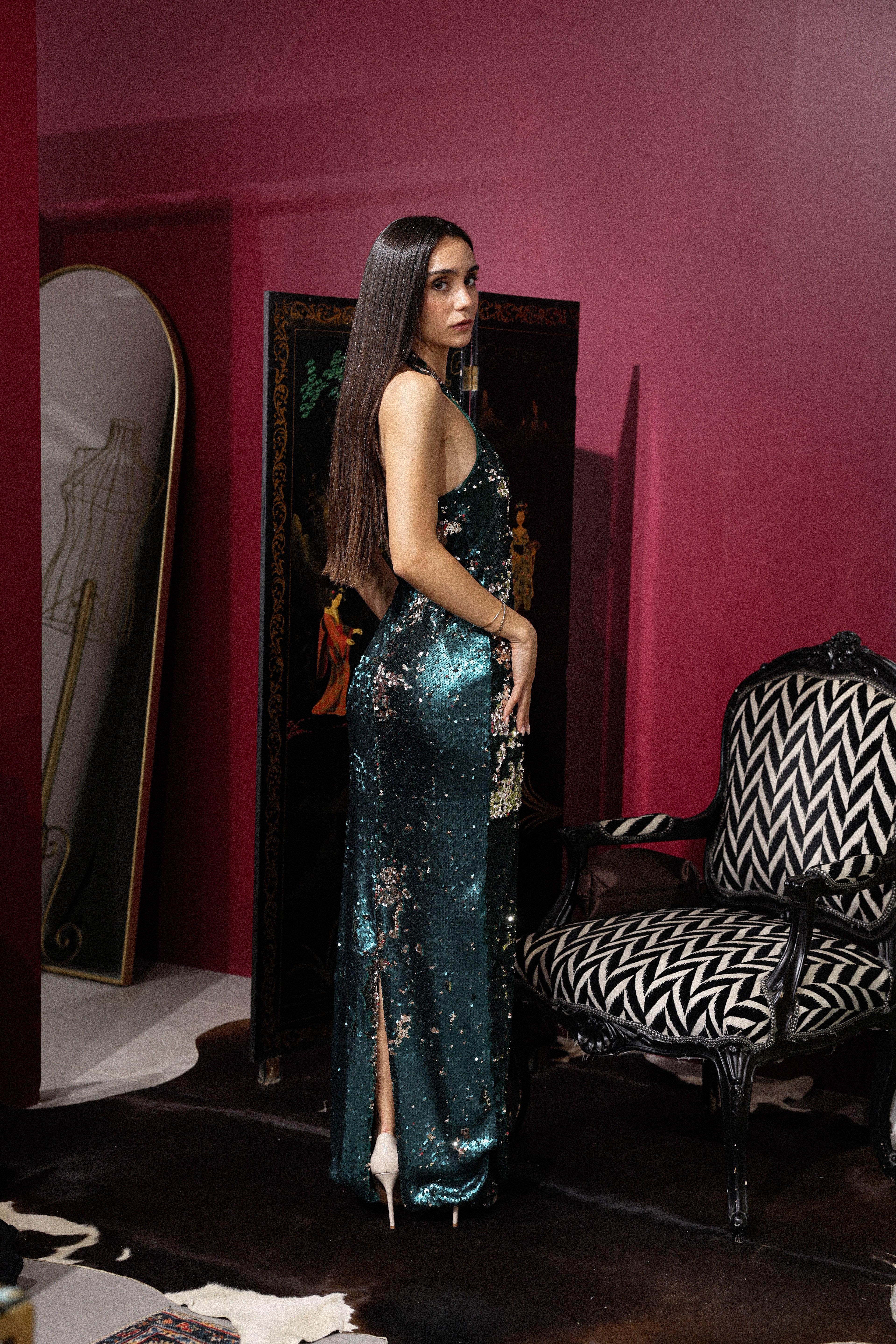 halter neck long dress in teal x gold