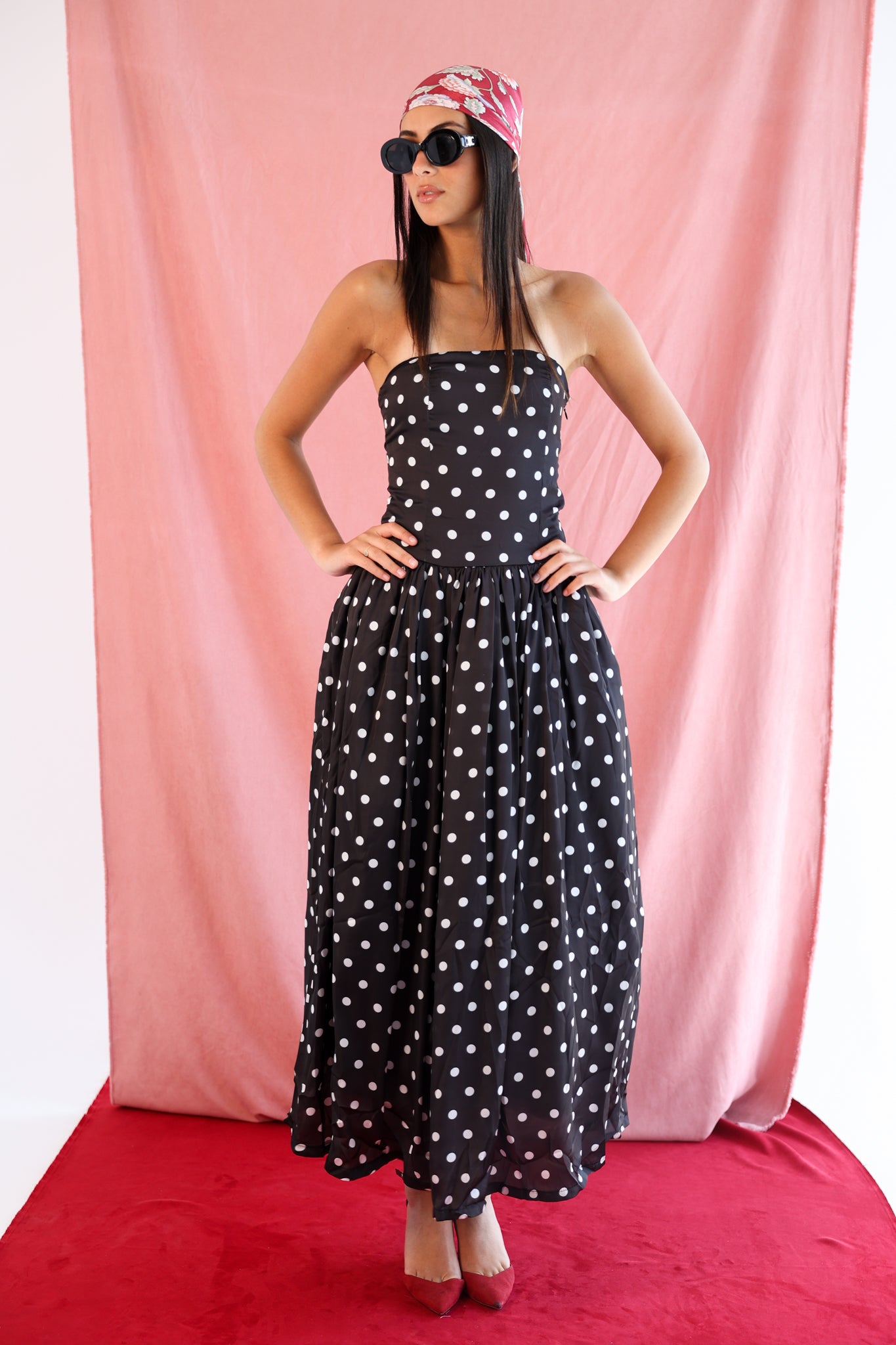 Polka Dot Strapless Dress in Black & White