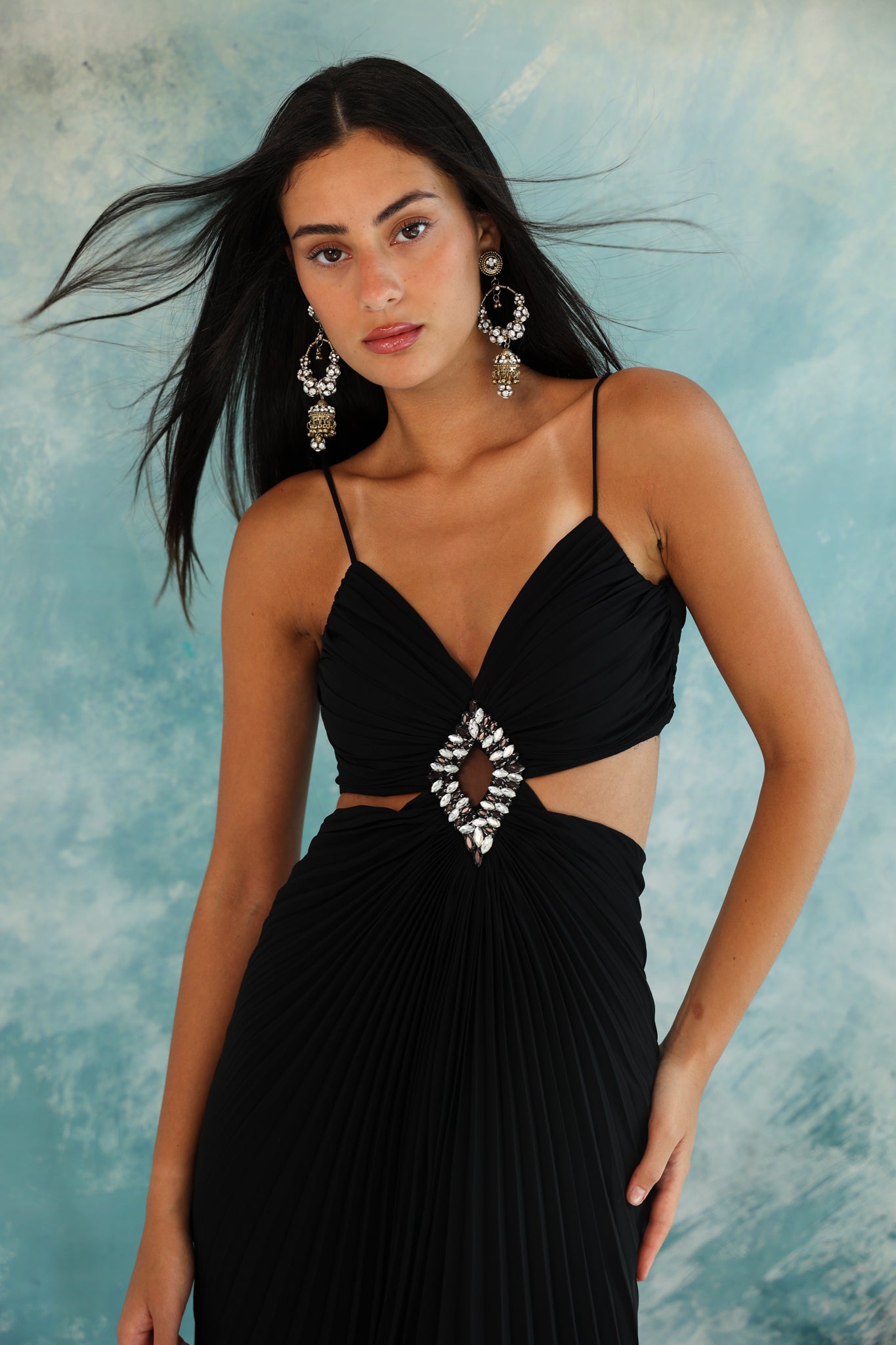 Cut out dress with studs in black