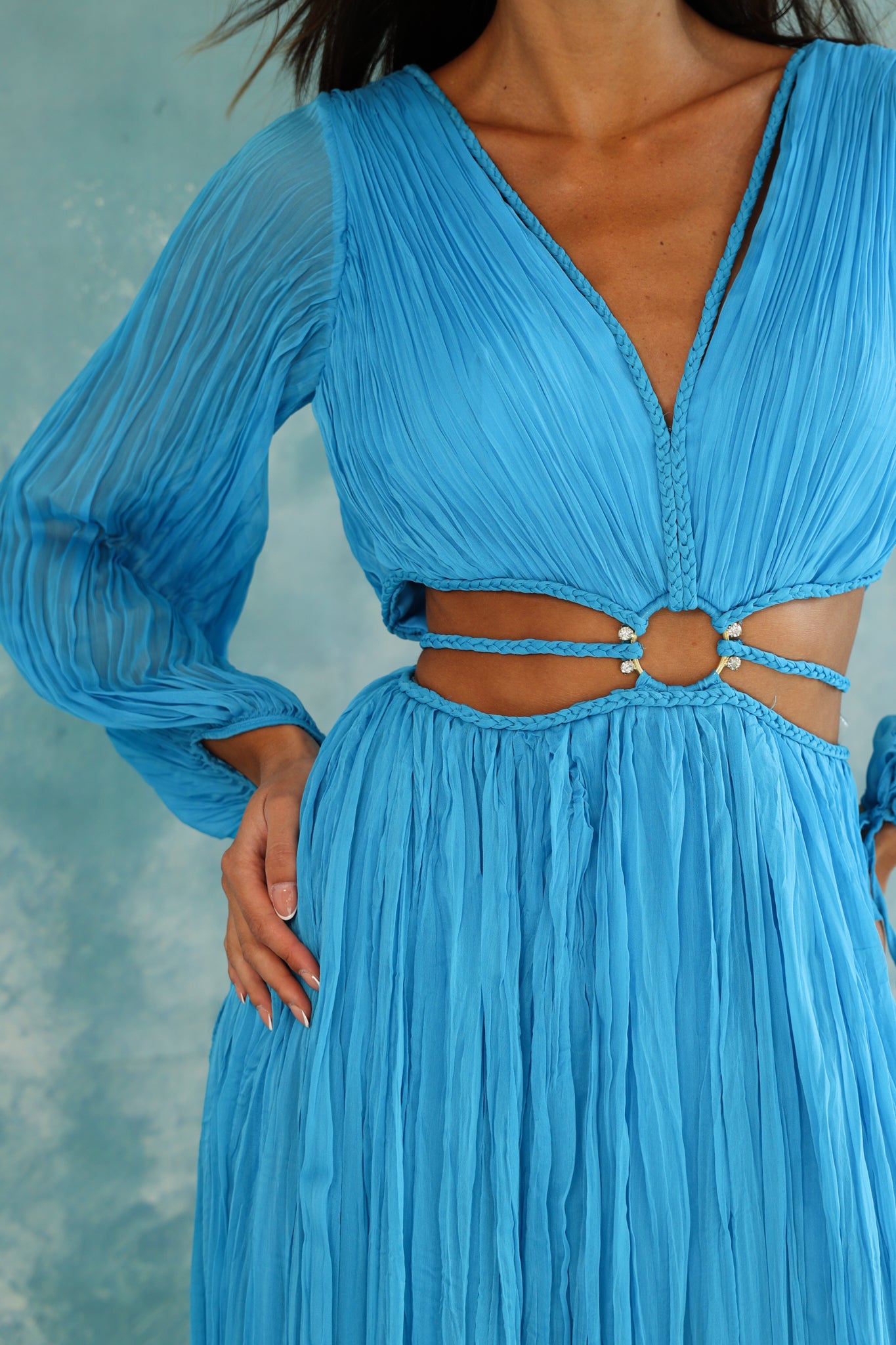 Long sleeve cut out dress in turquoise