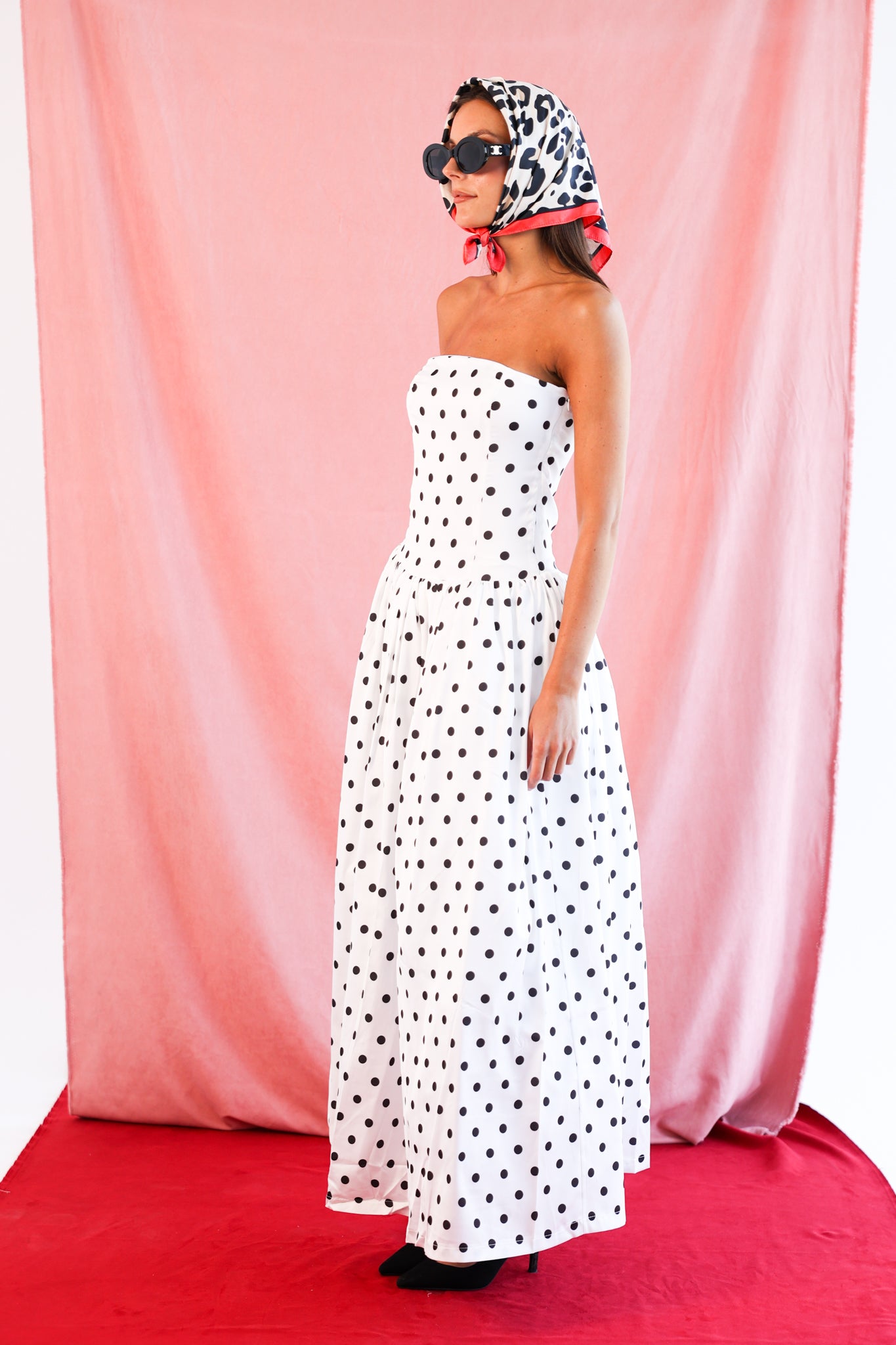 Polka Dot Strapless Dress in White & Black