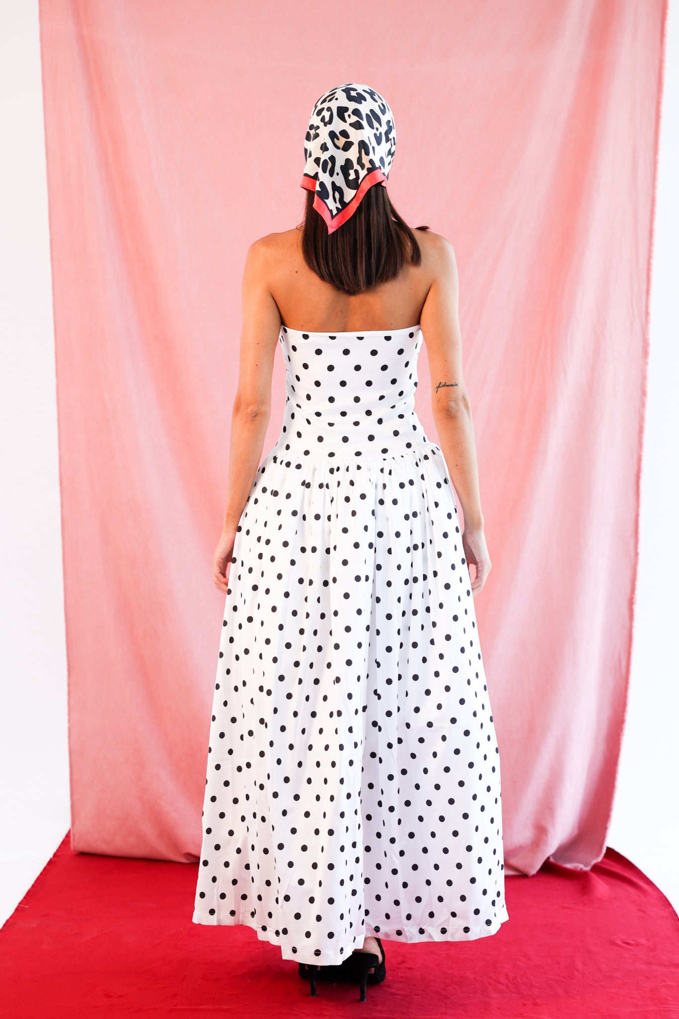 Polka Dot Strapless Dress in White & Black