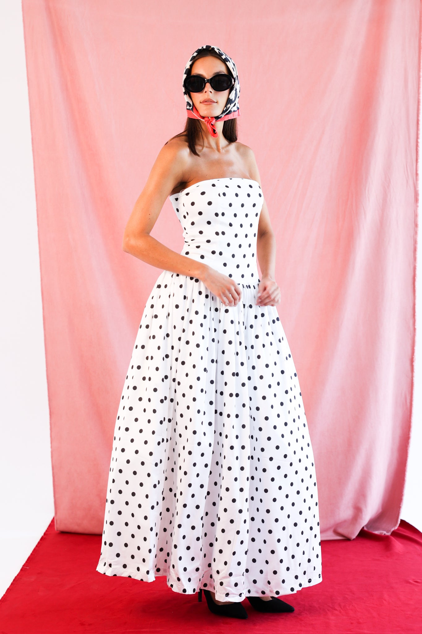 Polka Dot Strapless Dress in White & Black