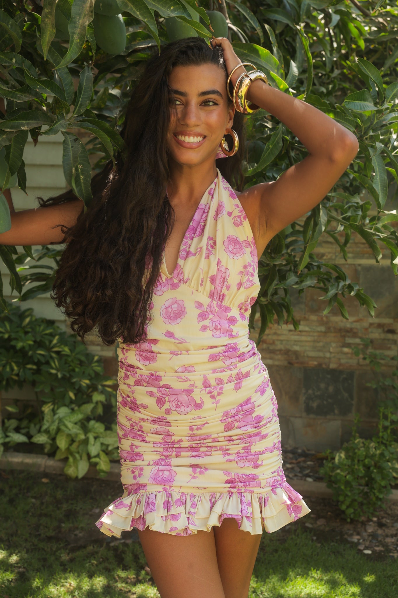 Halter neck Mini Chiffon Dress in Yellow & Purple