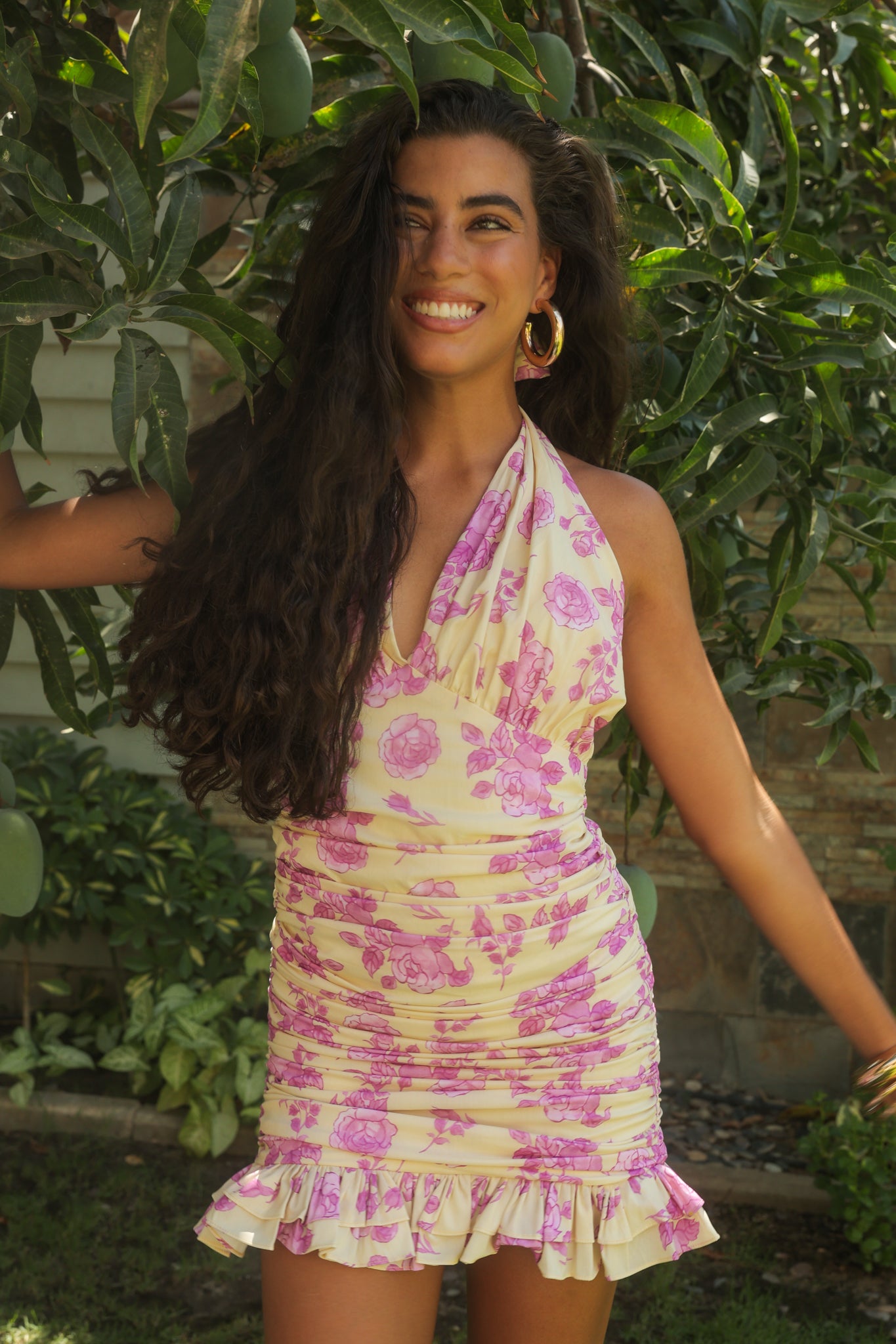 Halter neck Mini Chiffon Dress in Yellow & Purple