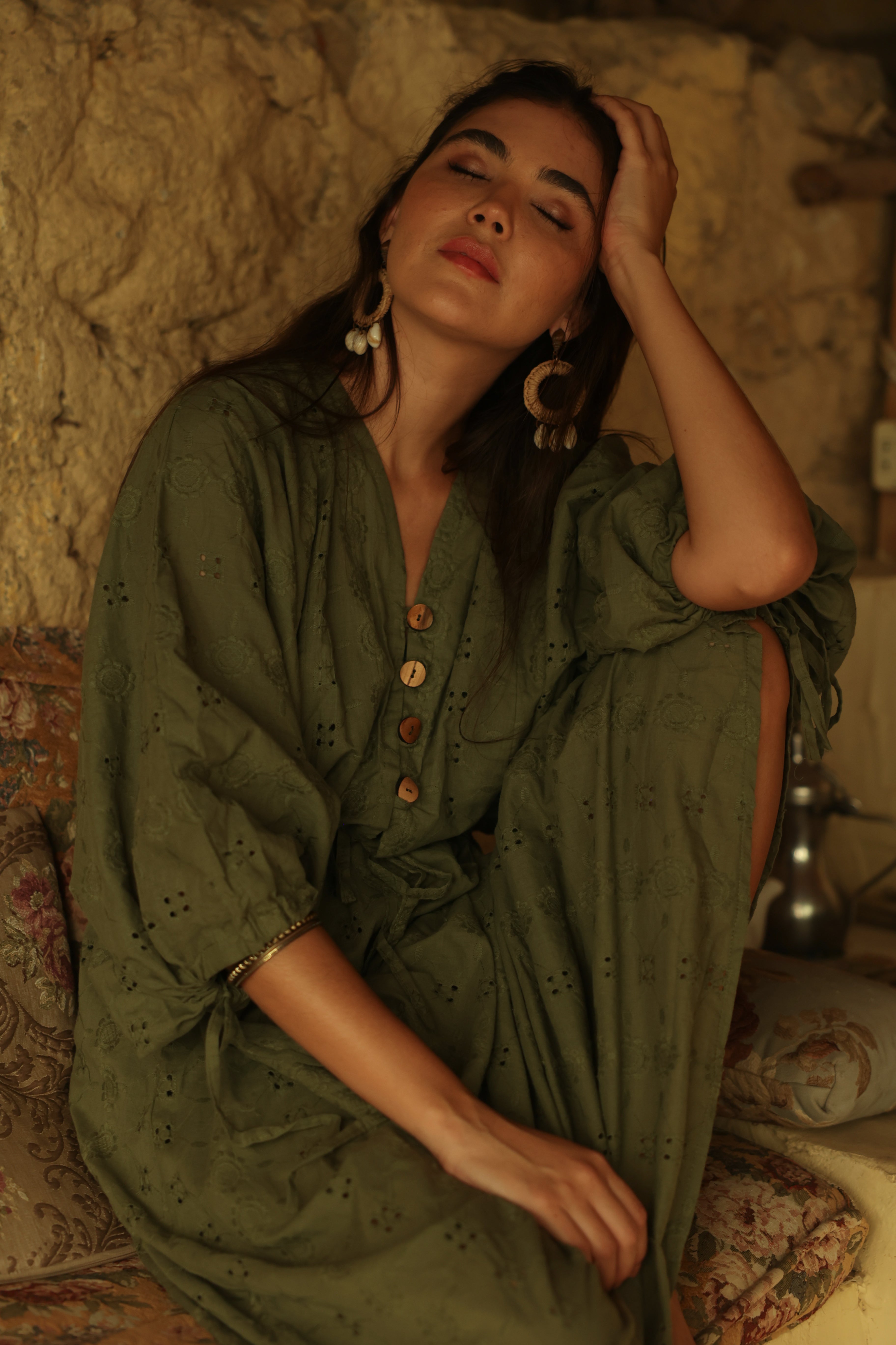 Long Sleeve Airy Dress in Olive Green