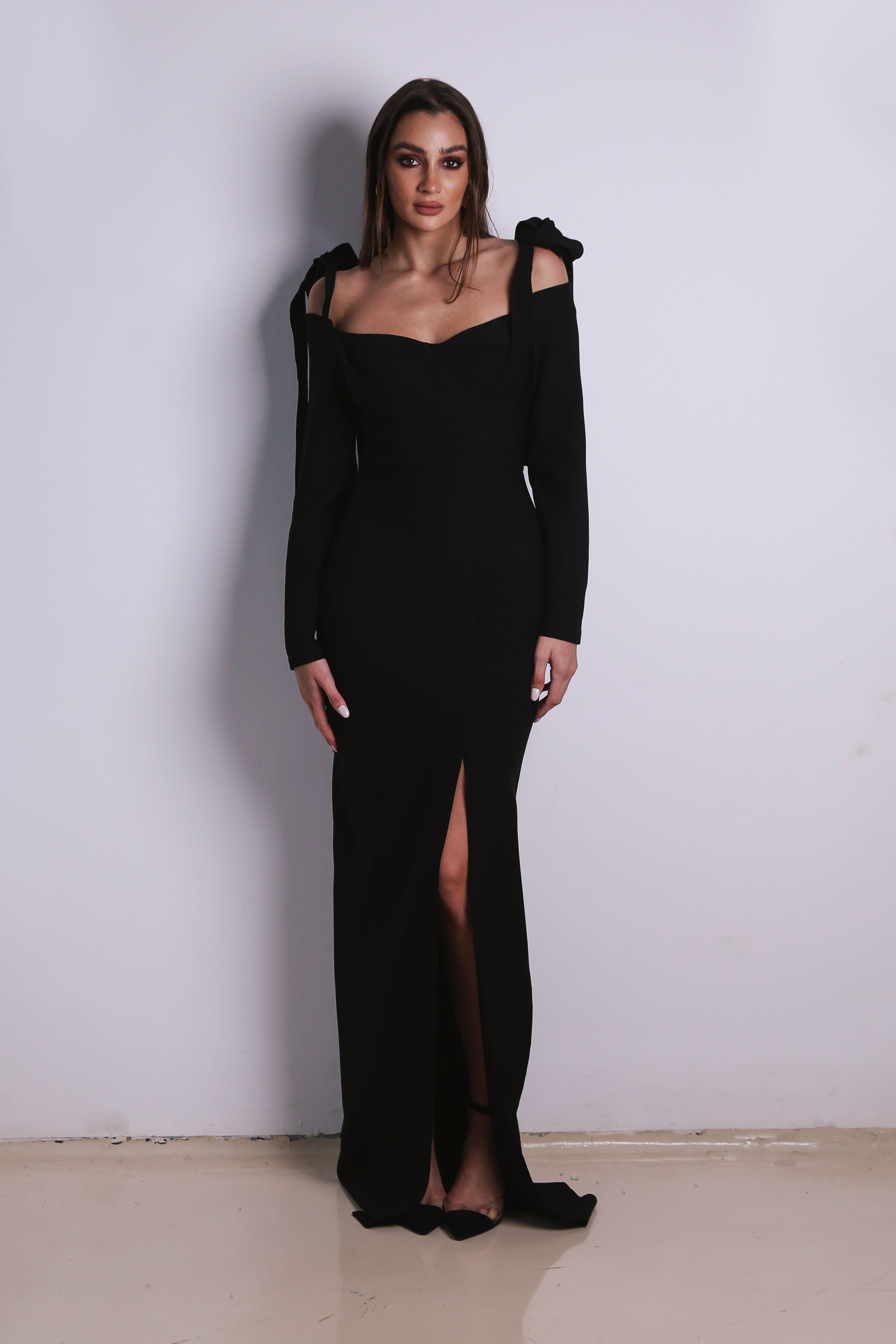 long sleeve dress with slits in Black
