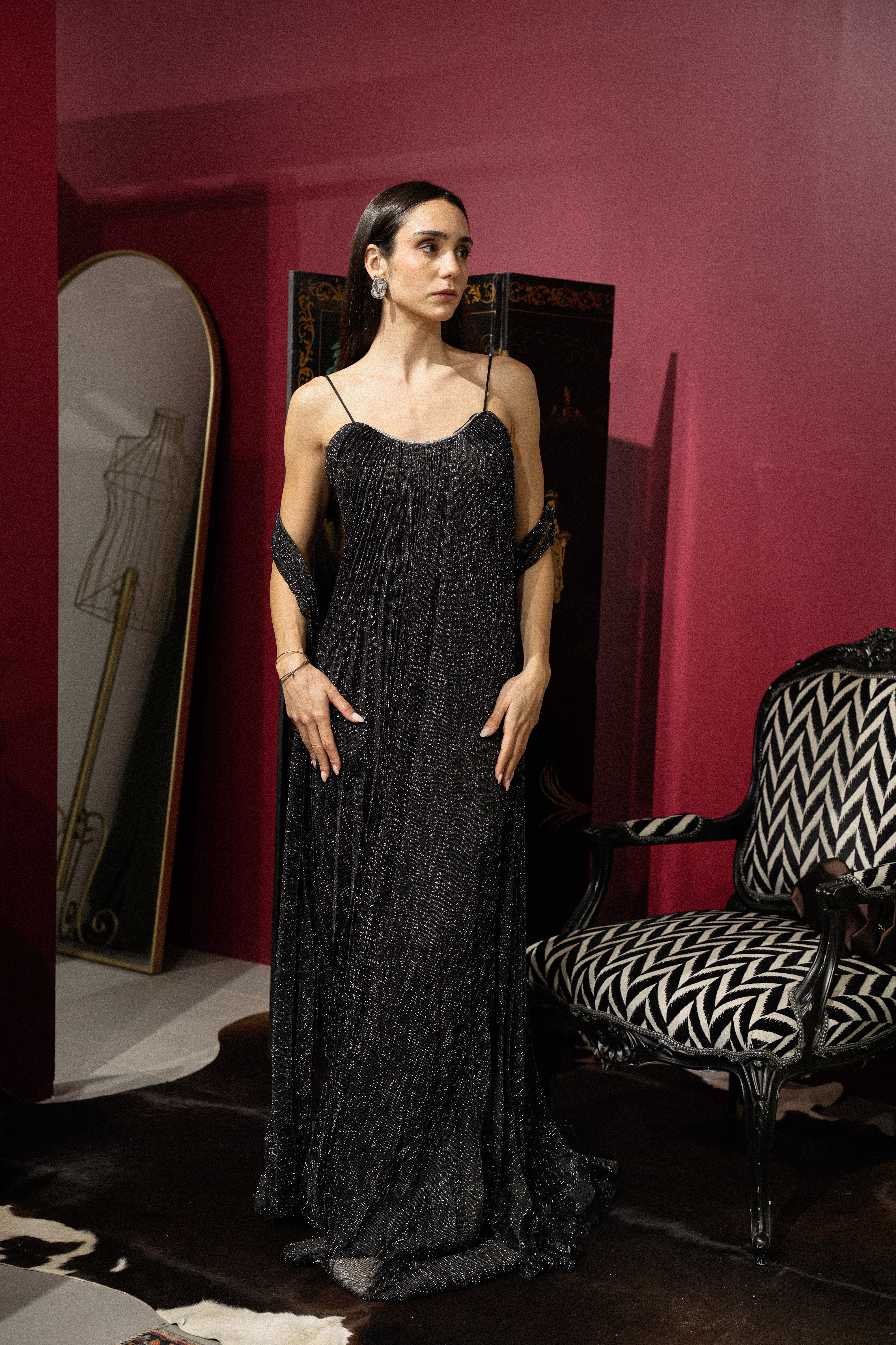 pleated strap long dress in black