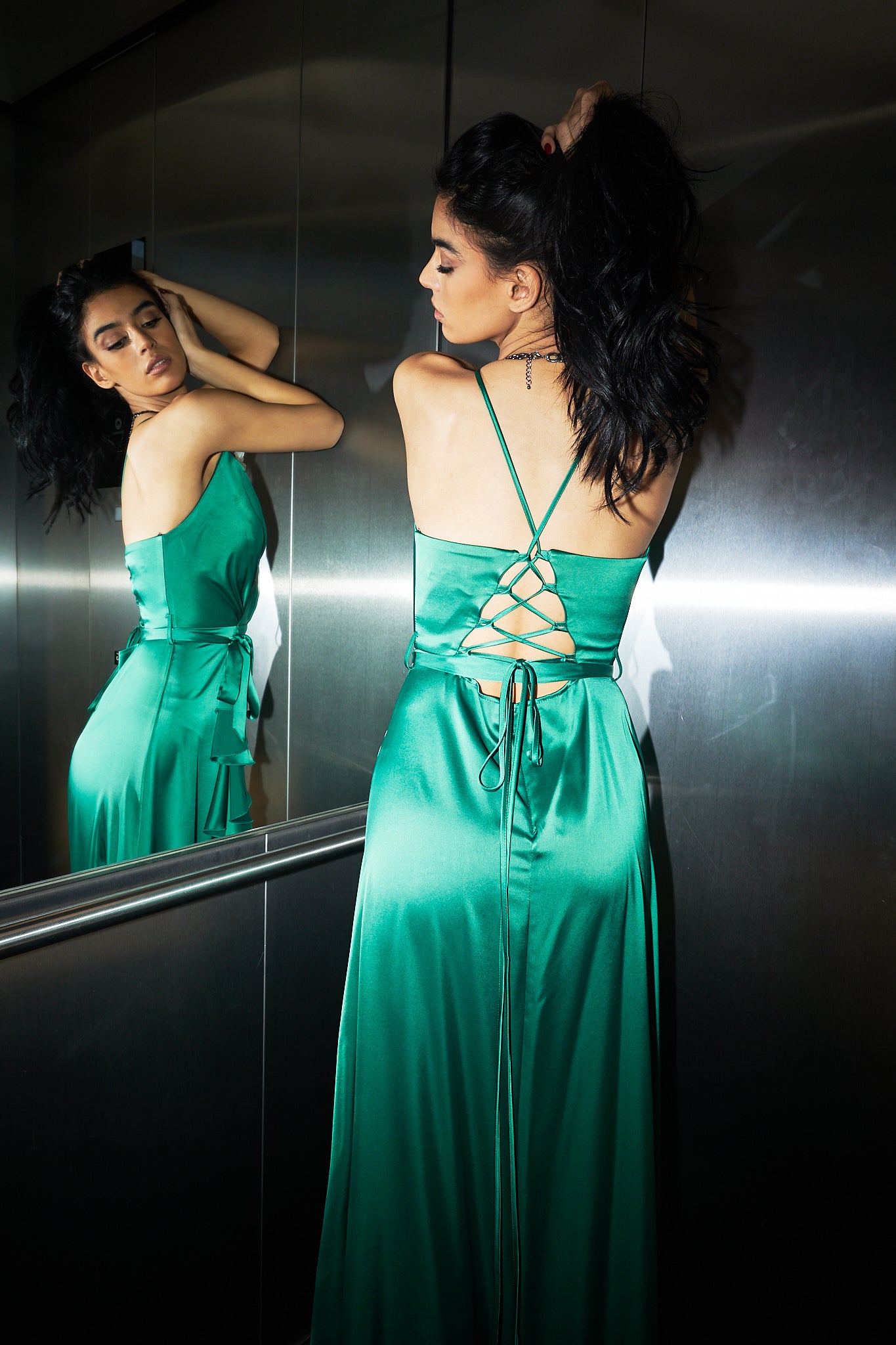 Ruffled Backless Dress with slit in Green