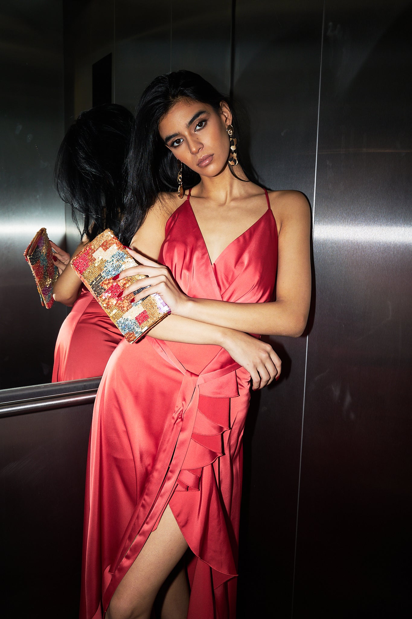 Ruffled Backless Dress with slit in Peach