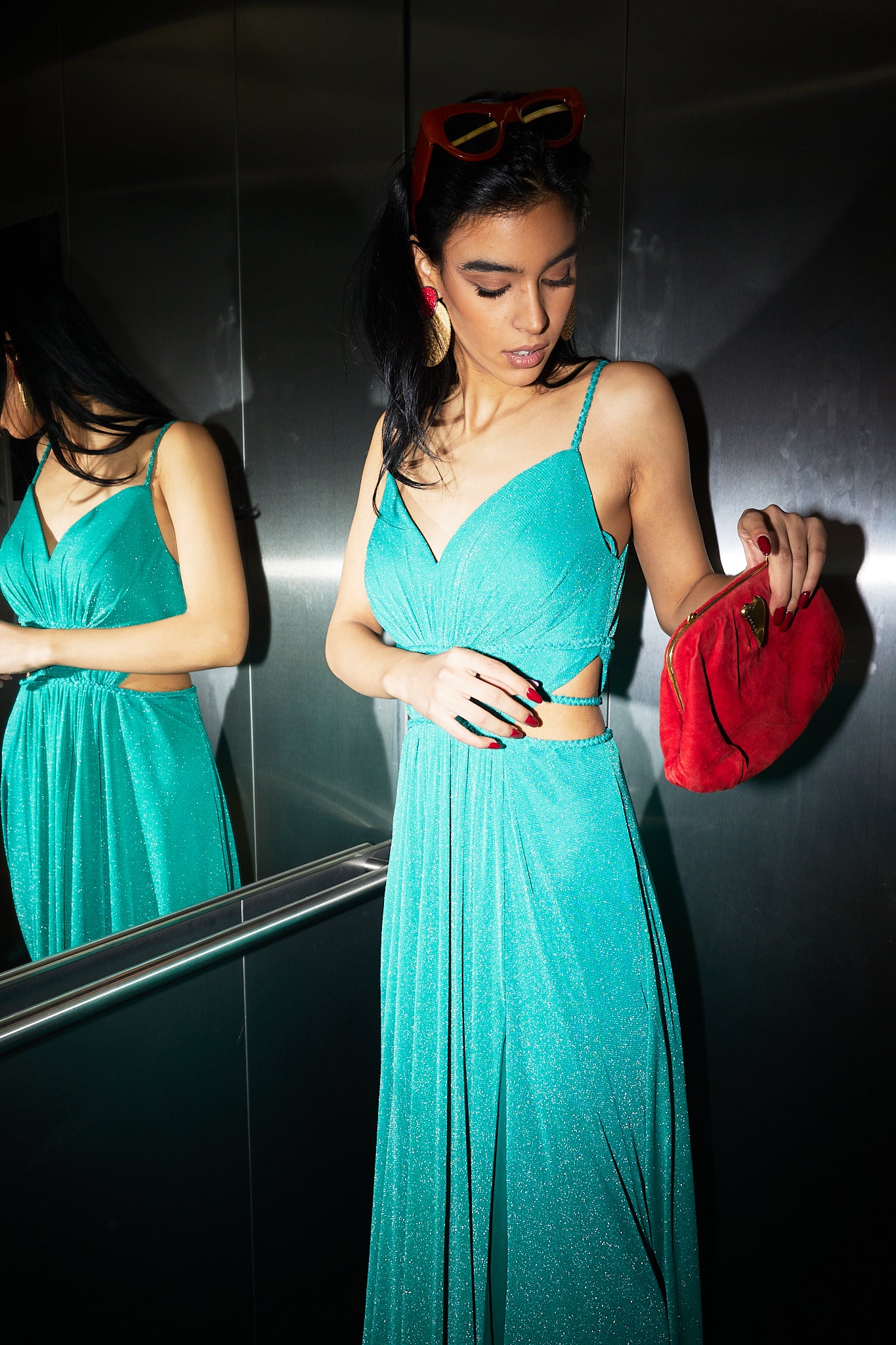 Shimmery Backless Dress in Aqua Green