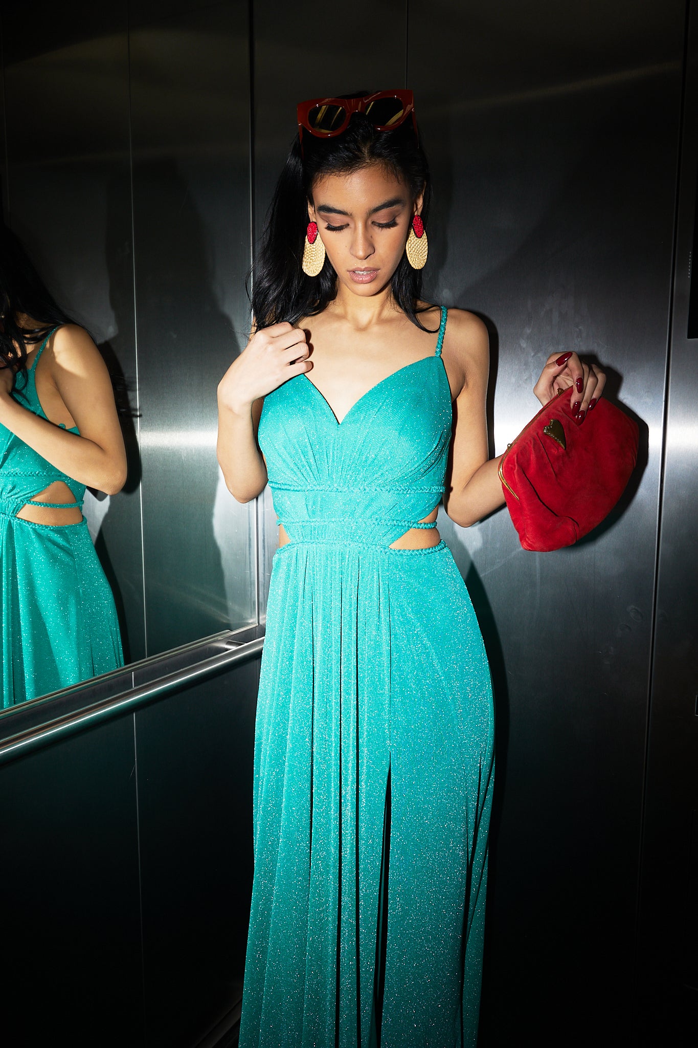 Shimmery Backless Dress in Aqua Green