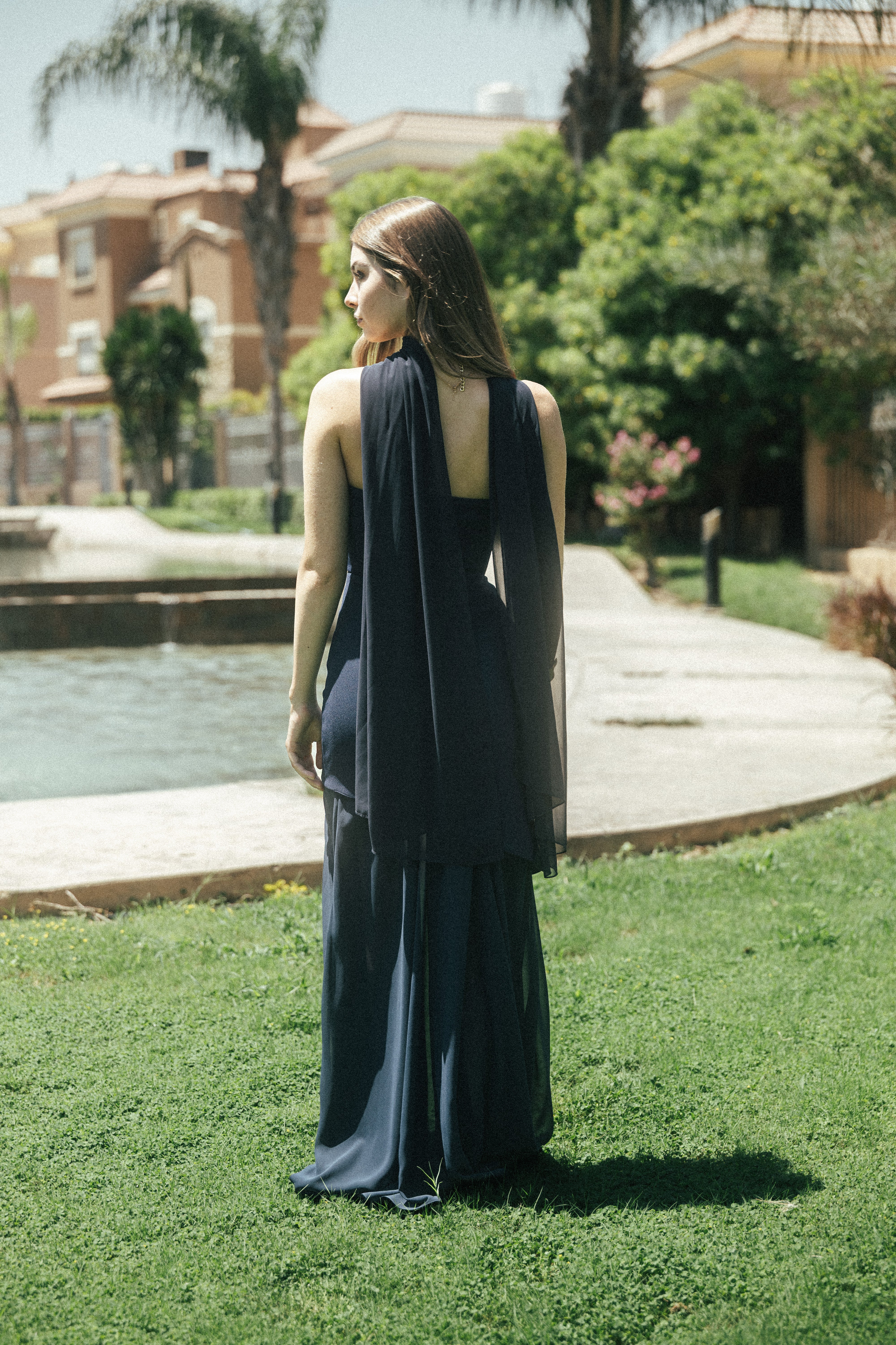 Strapless Long Dress With Extension Chiffon in Navy