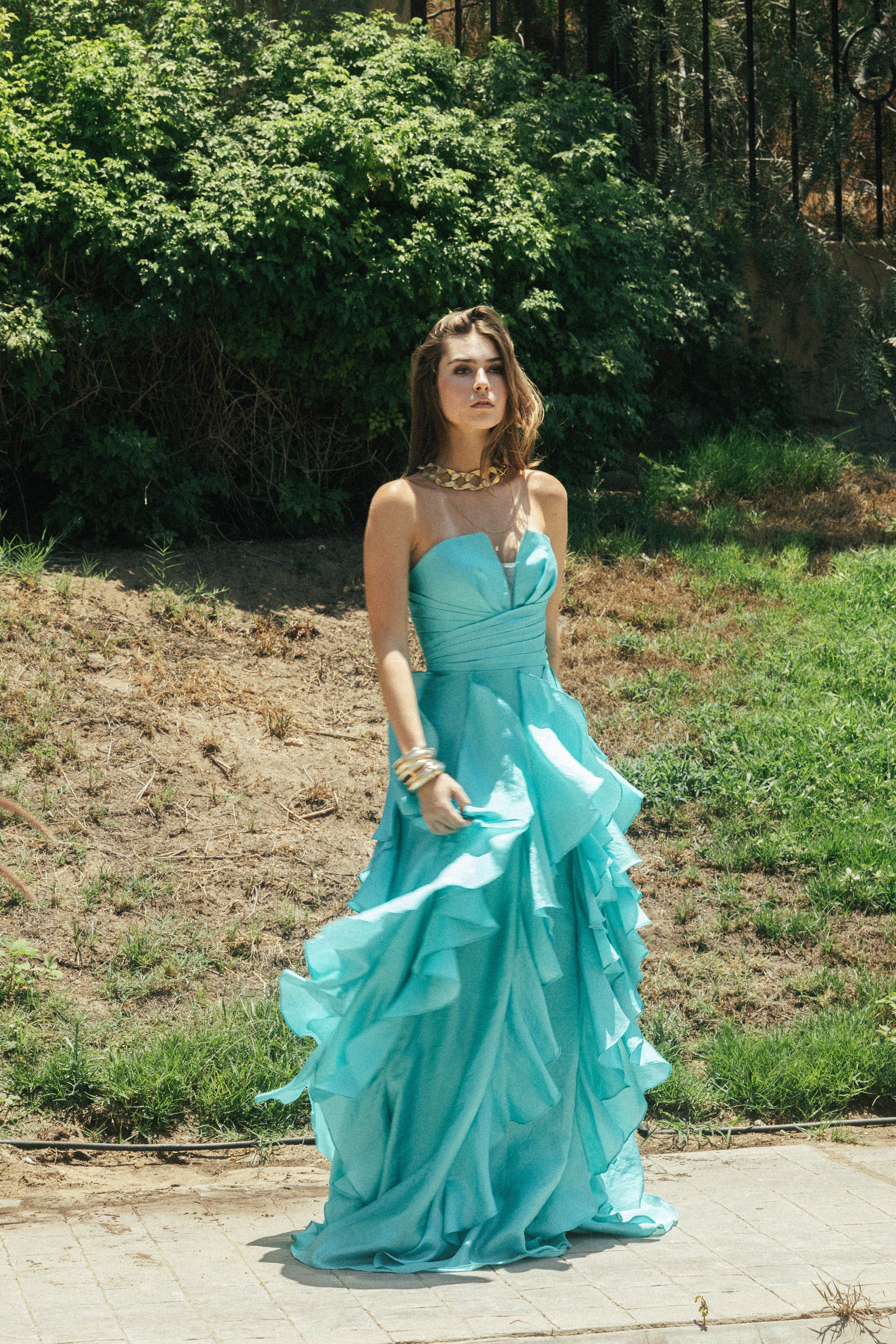 Strapless Long Dress With Ruffles in Turquoise