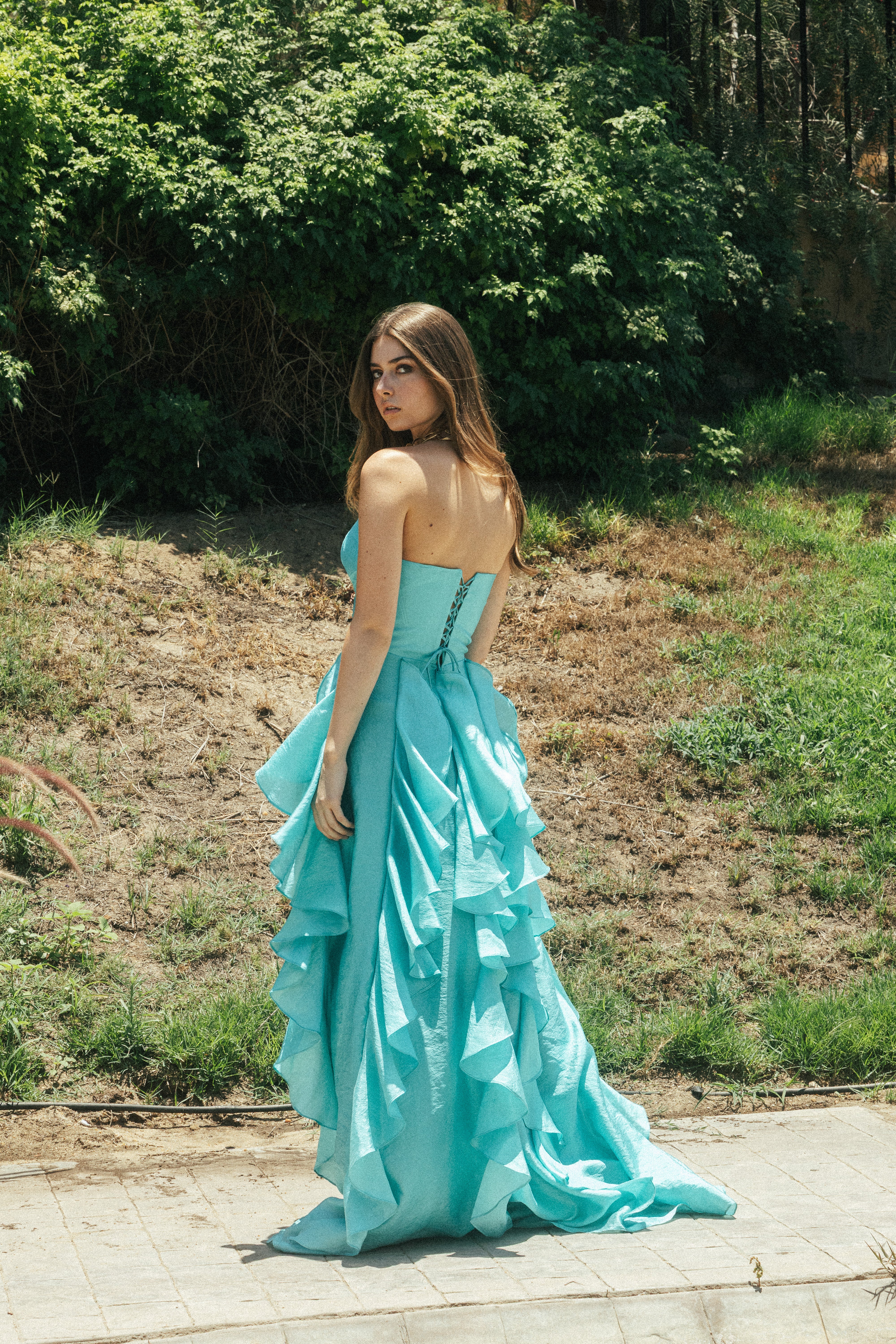Strapless Long Dress With Ruffles in Turquoise