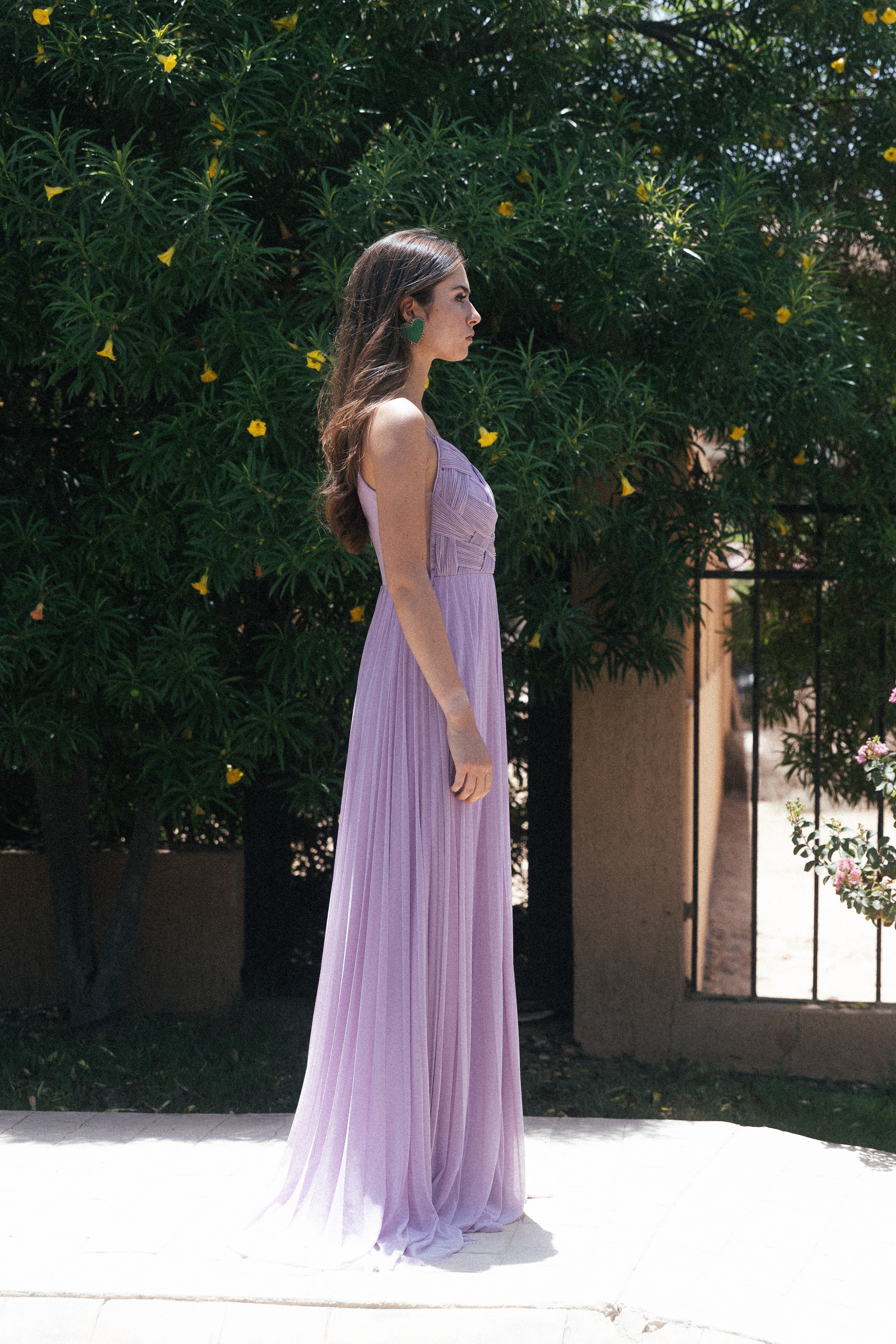Plisse Tulle Long Dress With Slit in Lilac
