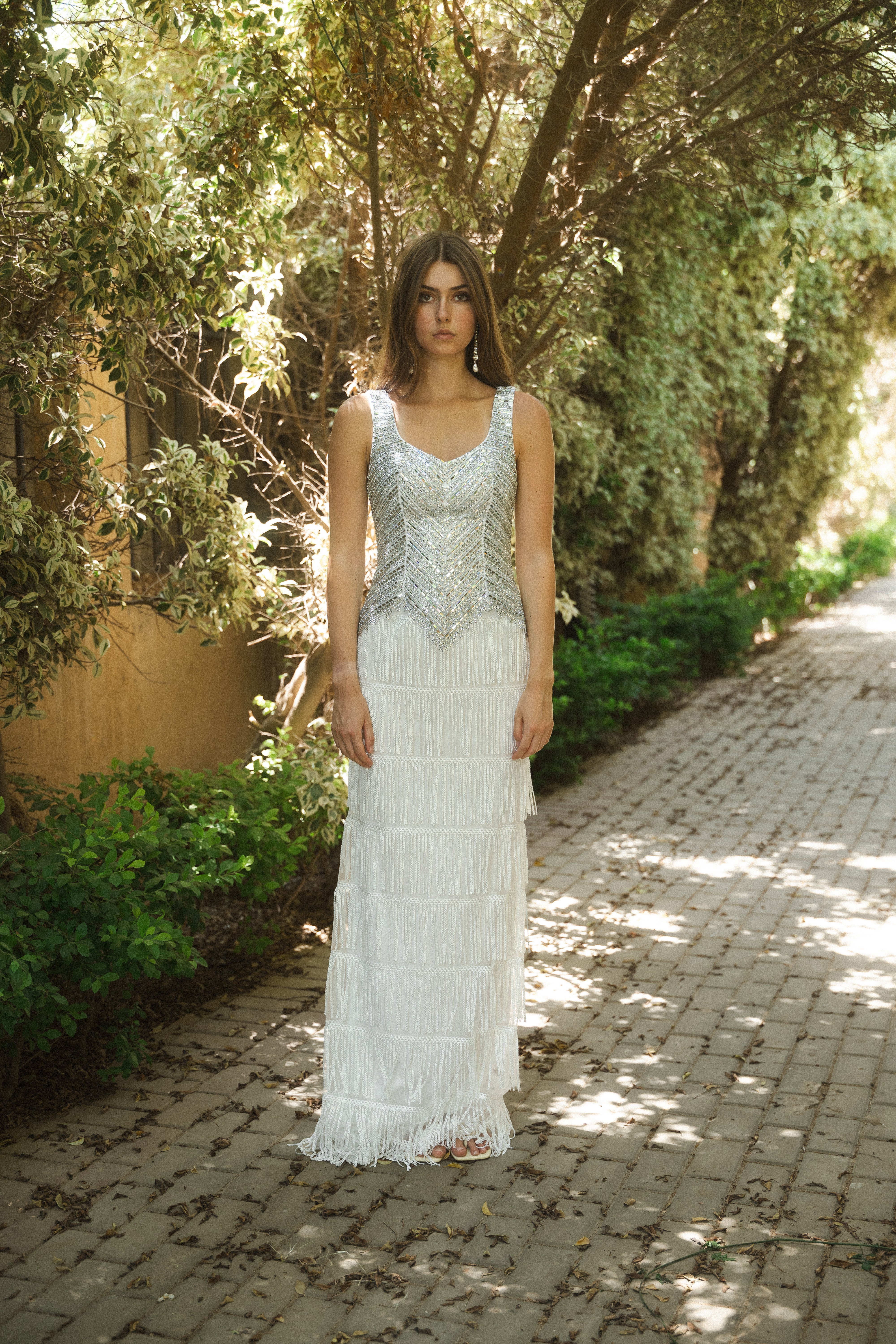 Beaded Long Dress With Fringes in White