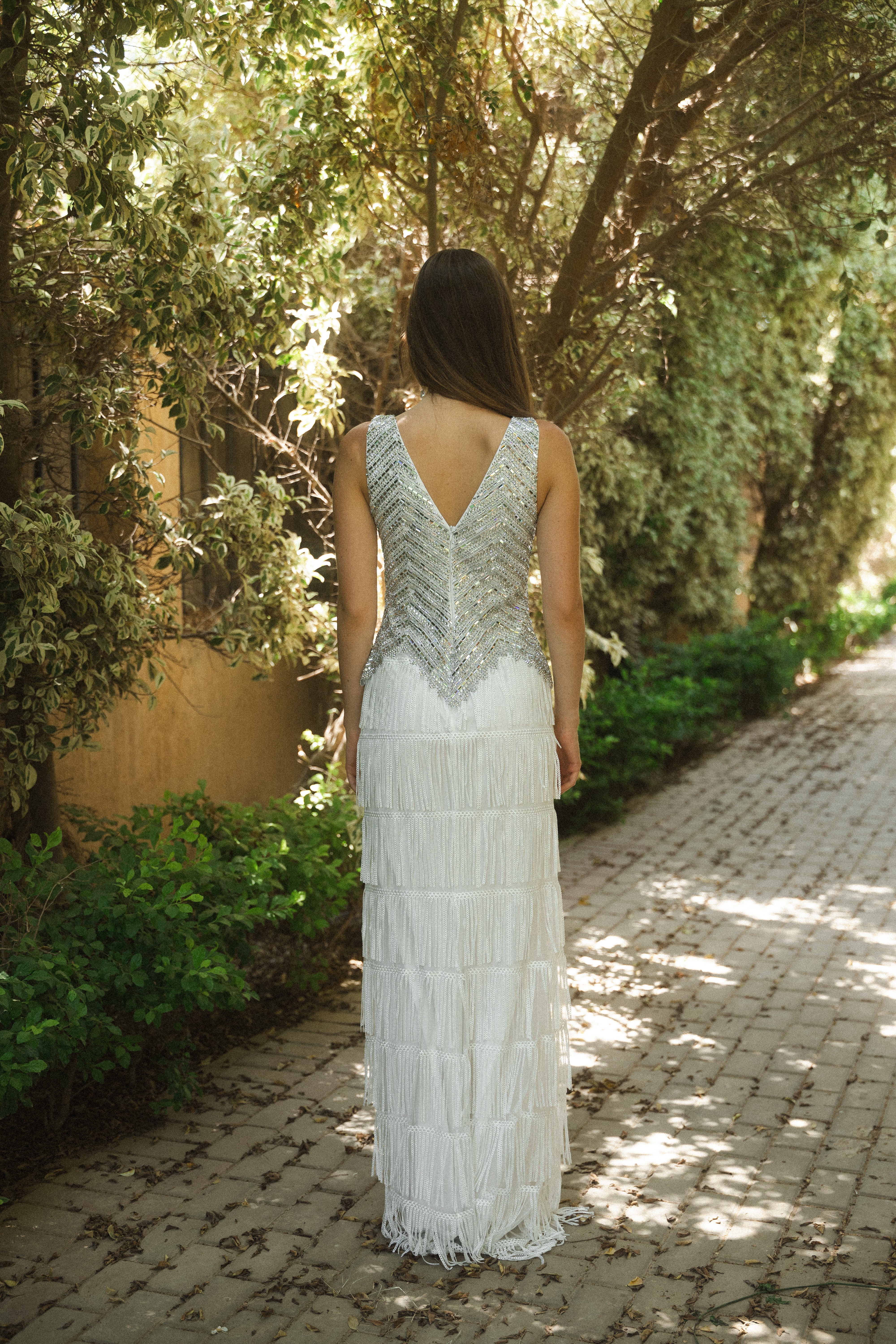 Beaded Long Dress With Fringes in White