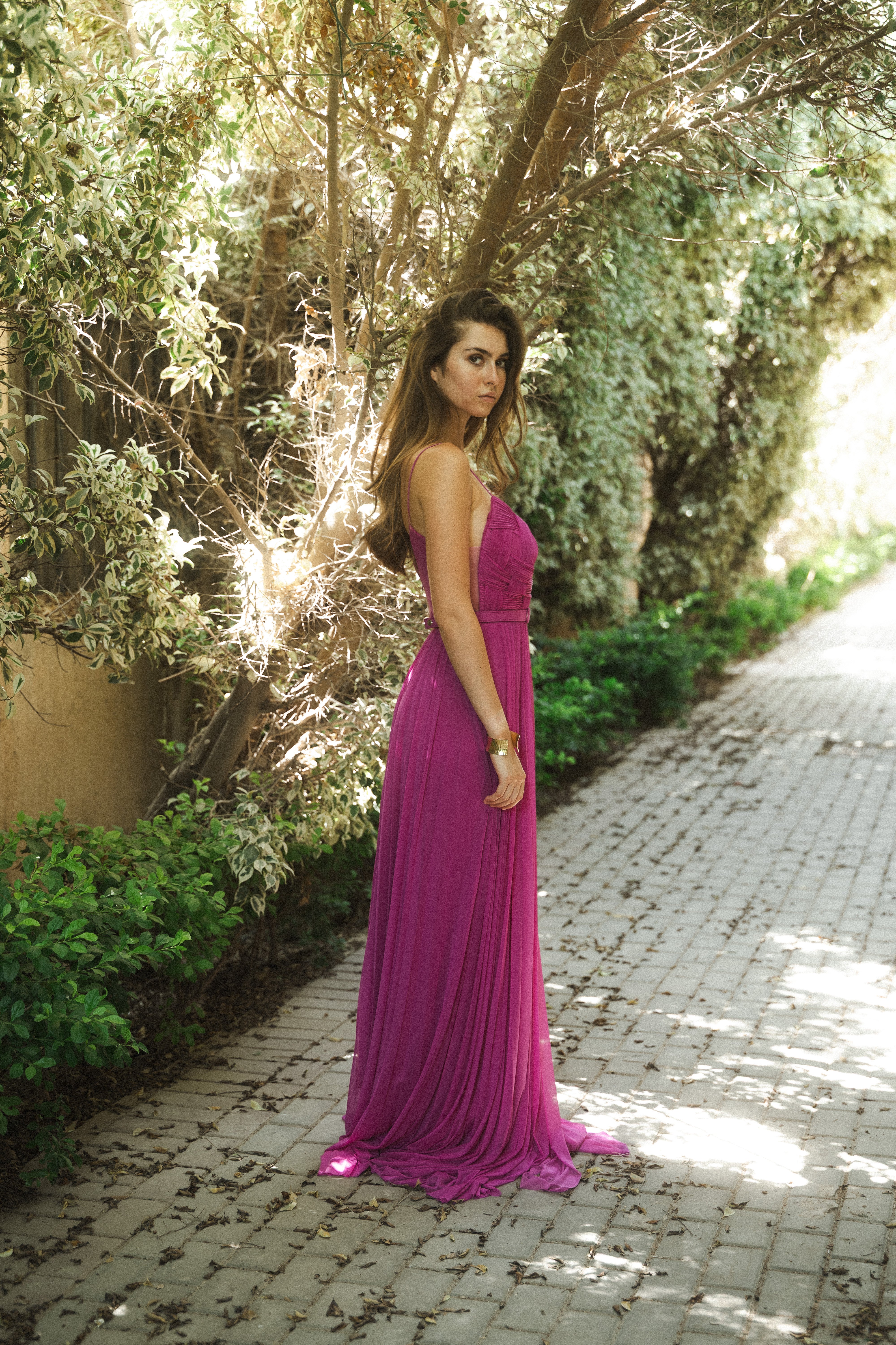 Plisse Tulle Long Dress With Slit in Fuchsia