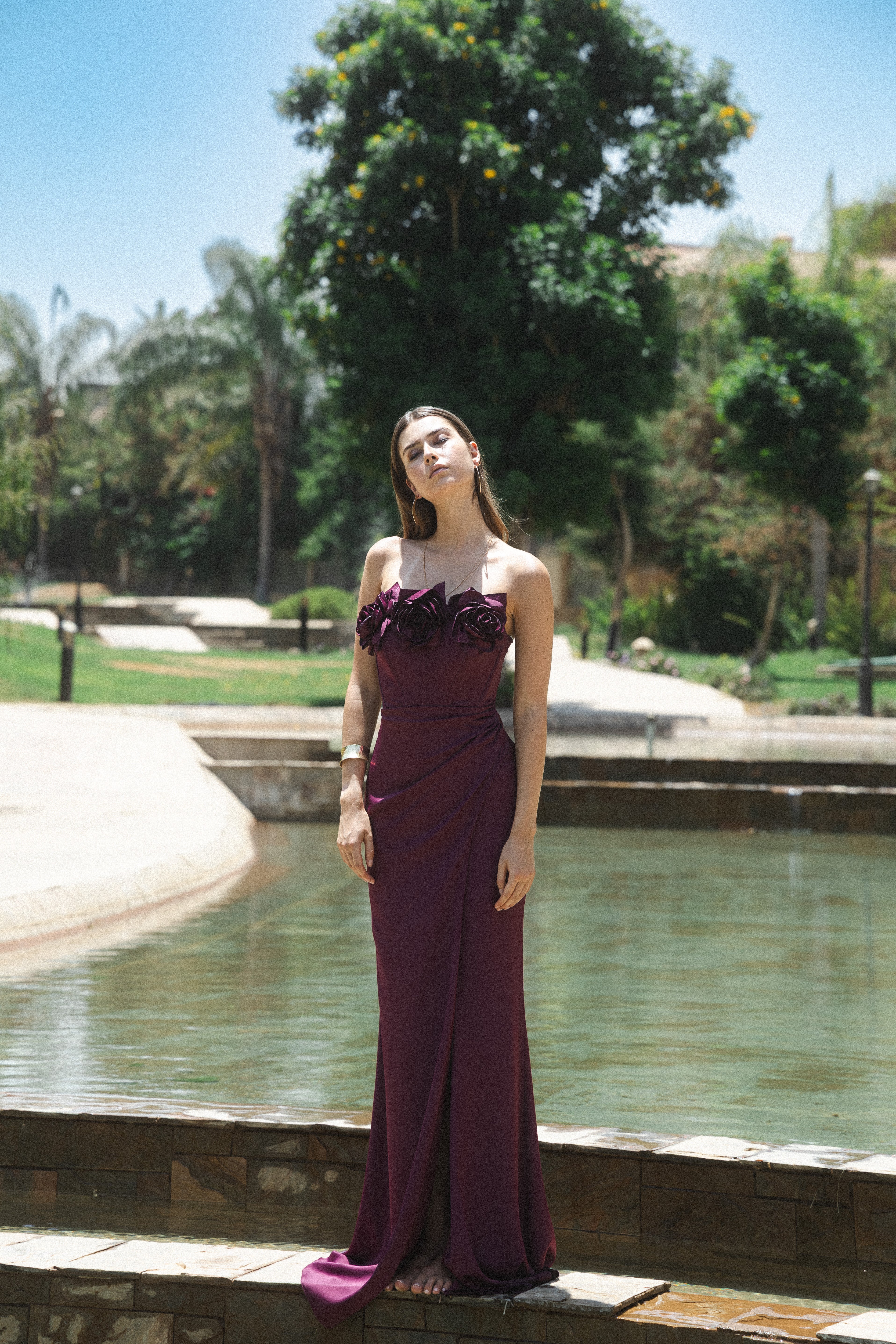 Strapless Flower Corset Satin Dress in Dark Purple
