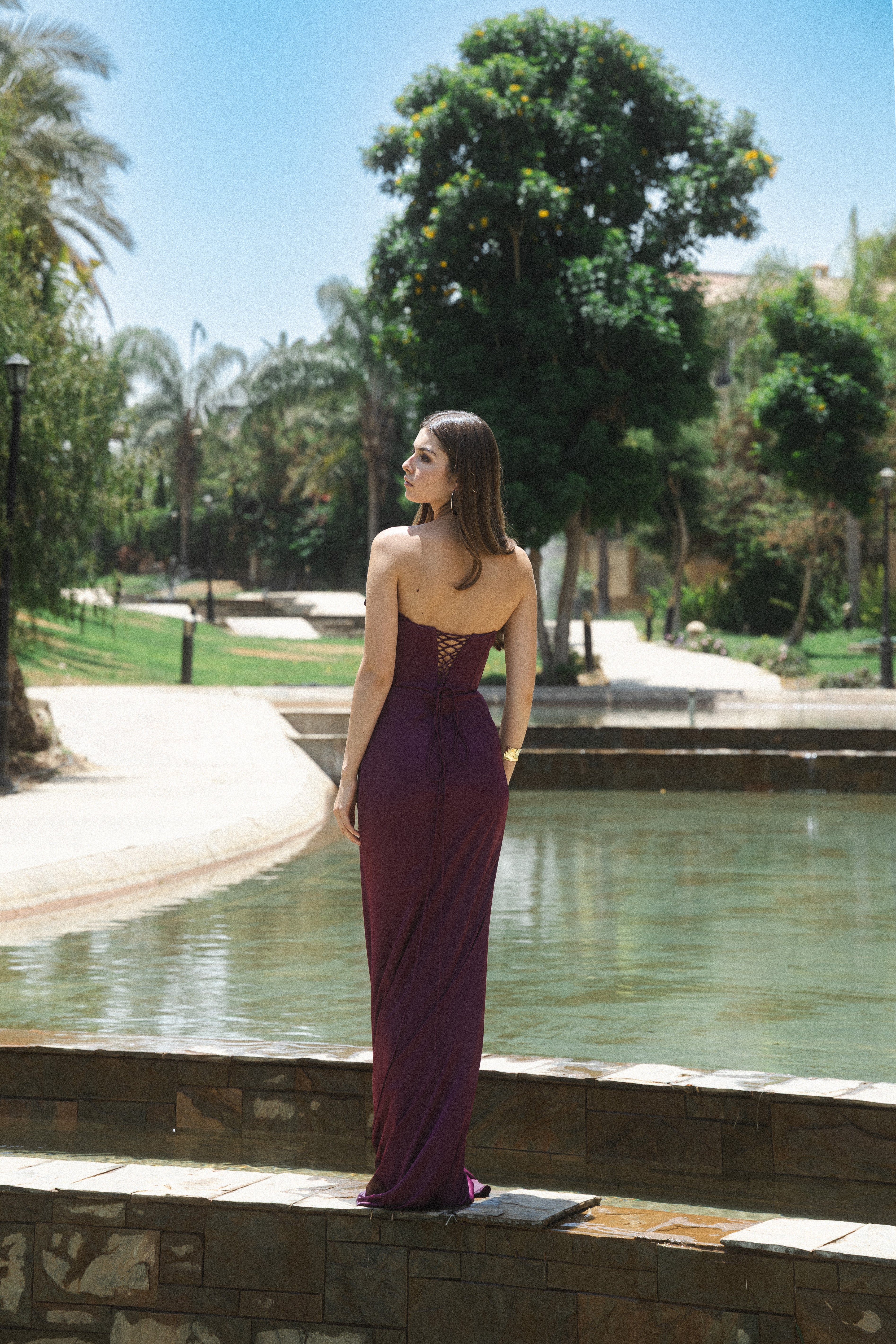 Strapless Flower Corset Satin Dress in Dark Purple