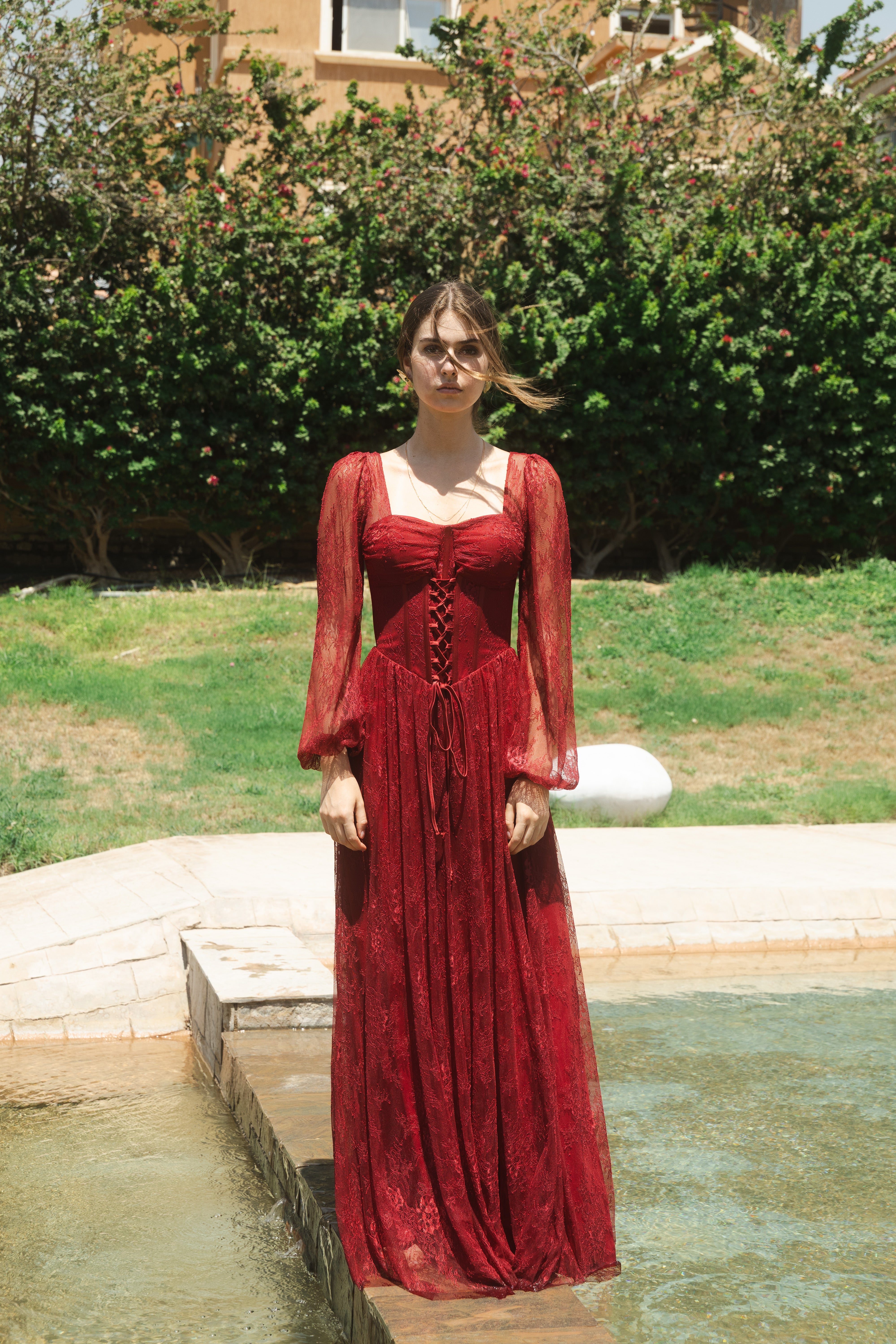 Long Sleeve Corset Dantelle With Slit in Burgundy
