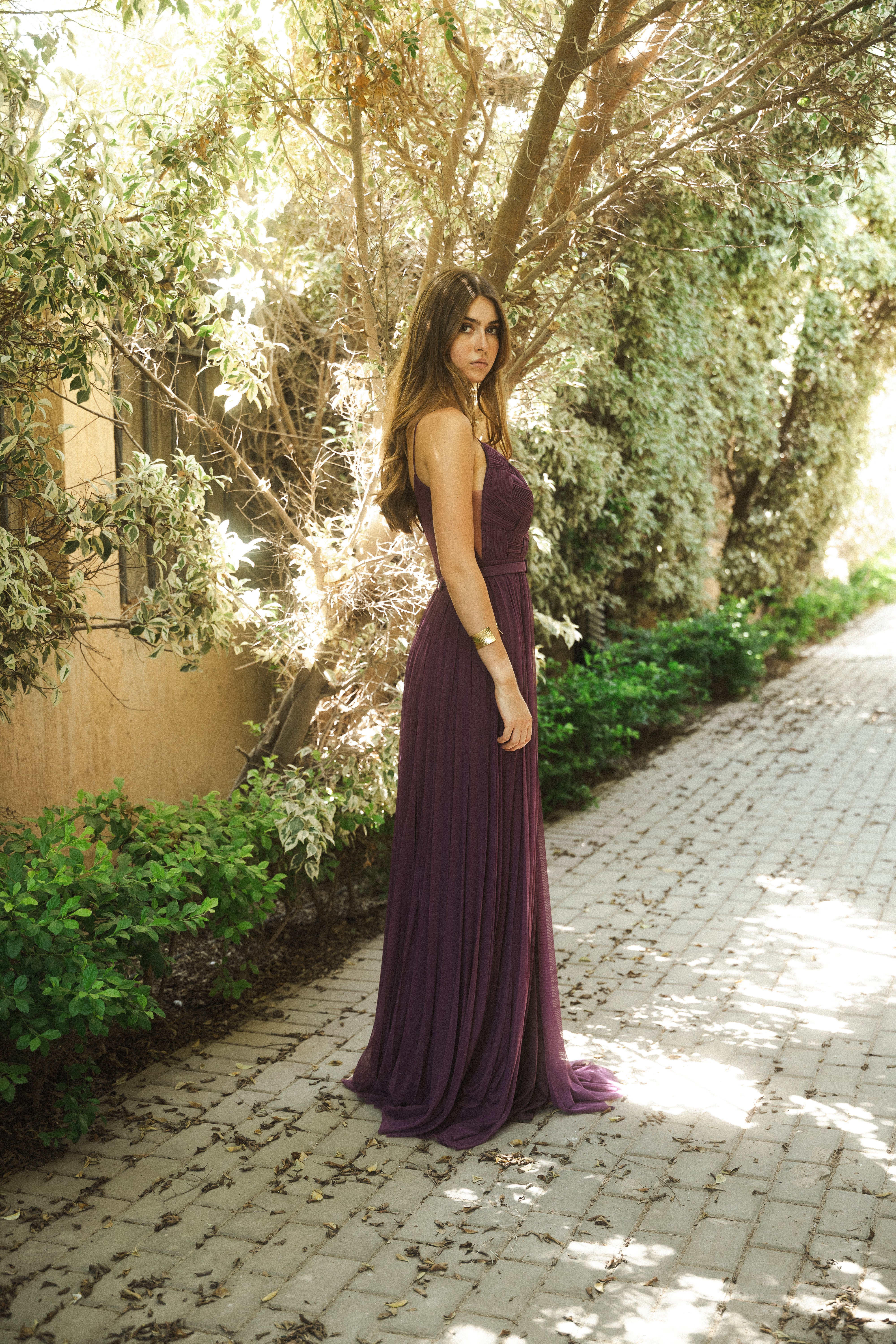 Plisse Tulle Long Dress With Slit in Purple