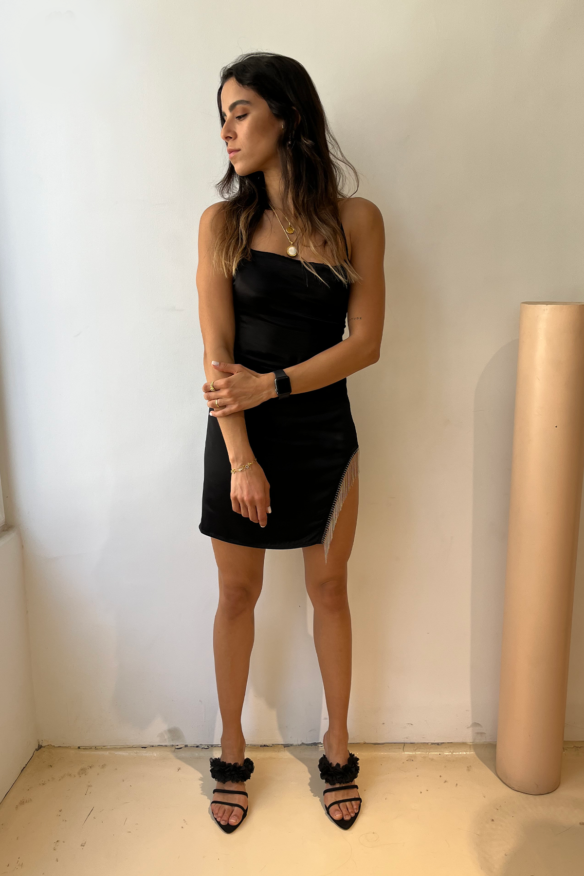 Short dress with side fringes in Black