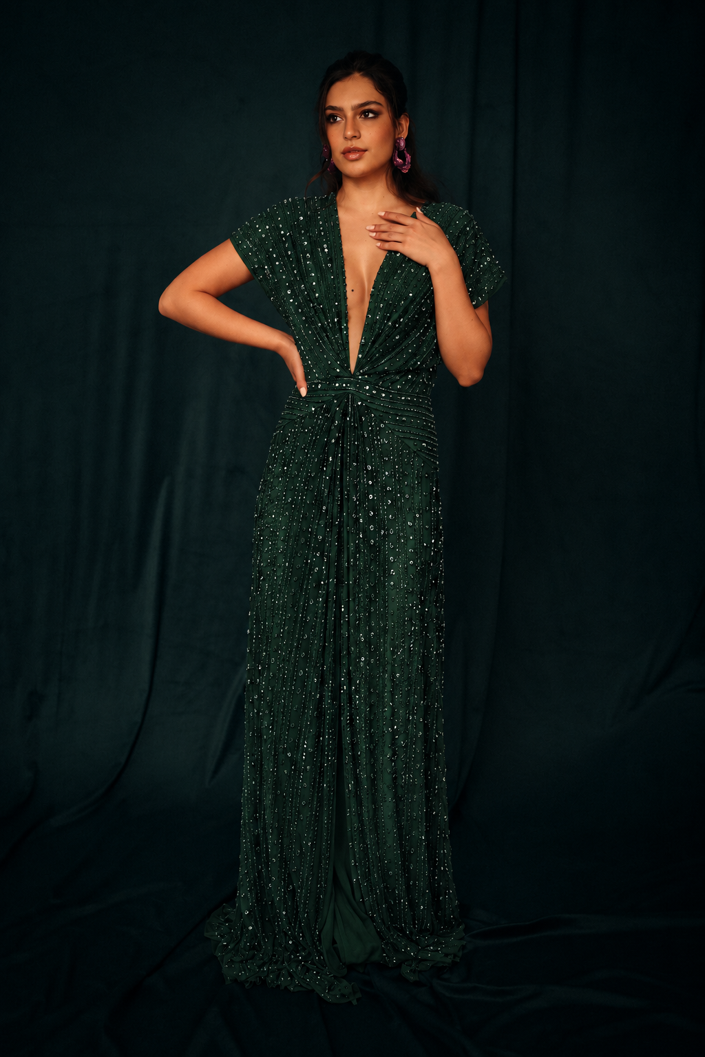 Beaded Cut out dress in dark green
