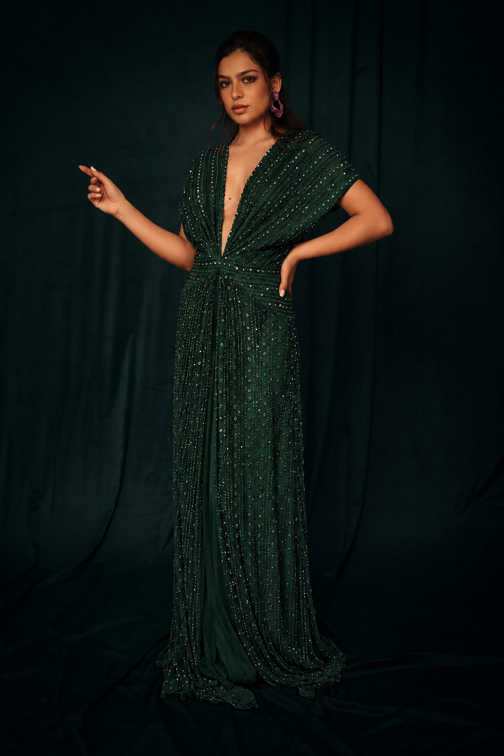 Beaded Cut out dress in dark green