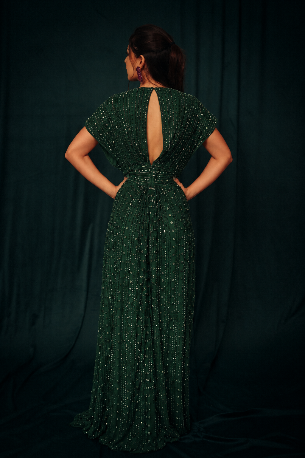 Beaded Cut out dress in dark green