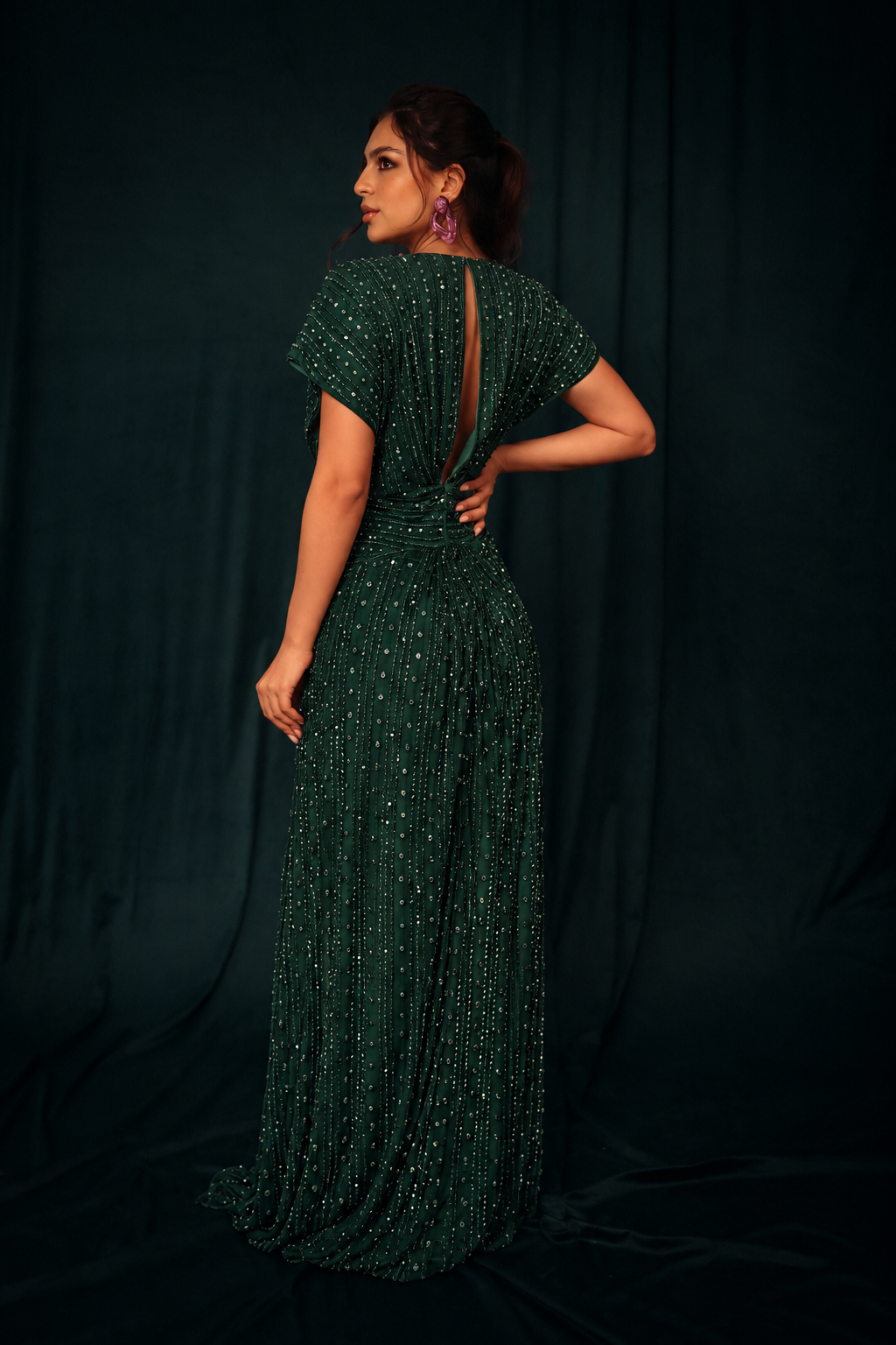 Beaded Cut out dress in dark green