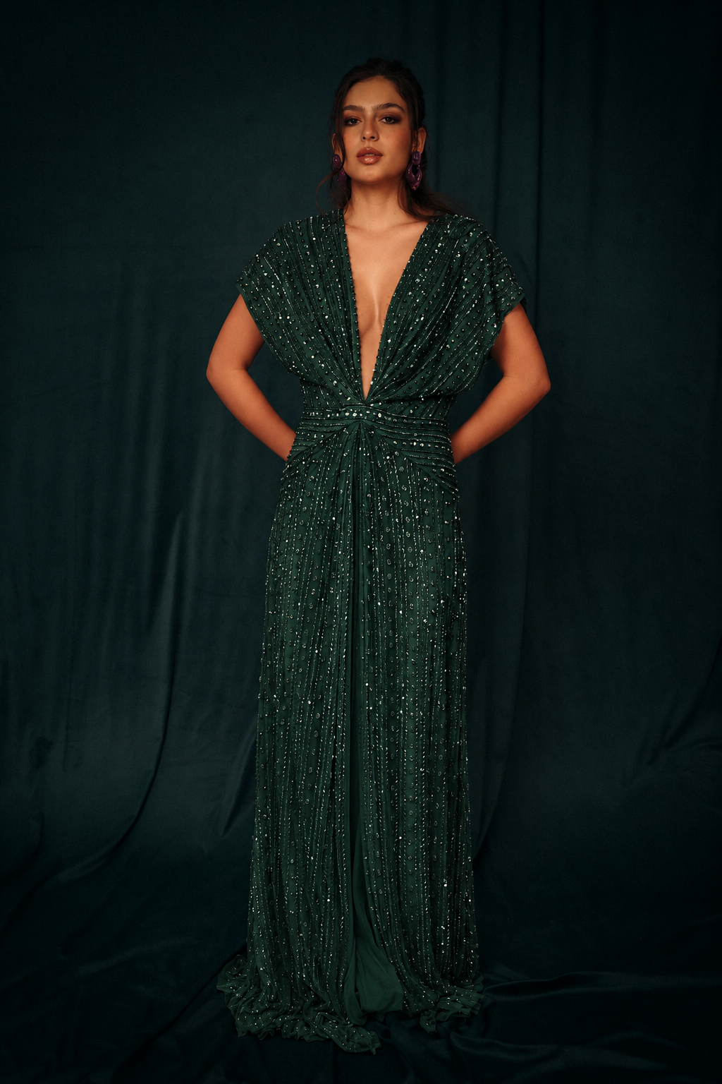 Beaded Cut out dress in dark green
