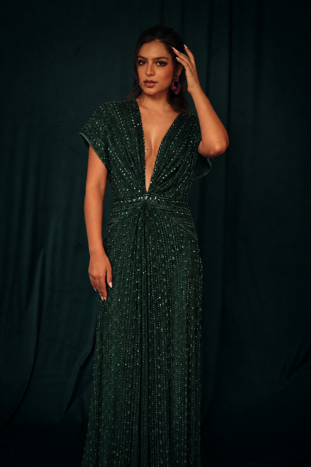 Beaded Cut out dress in dark green