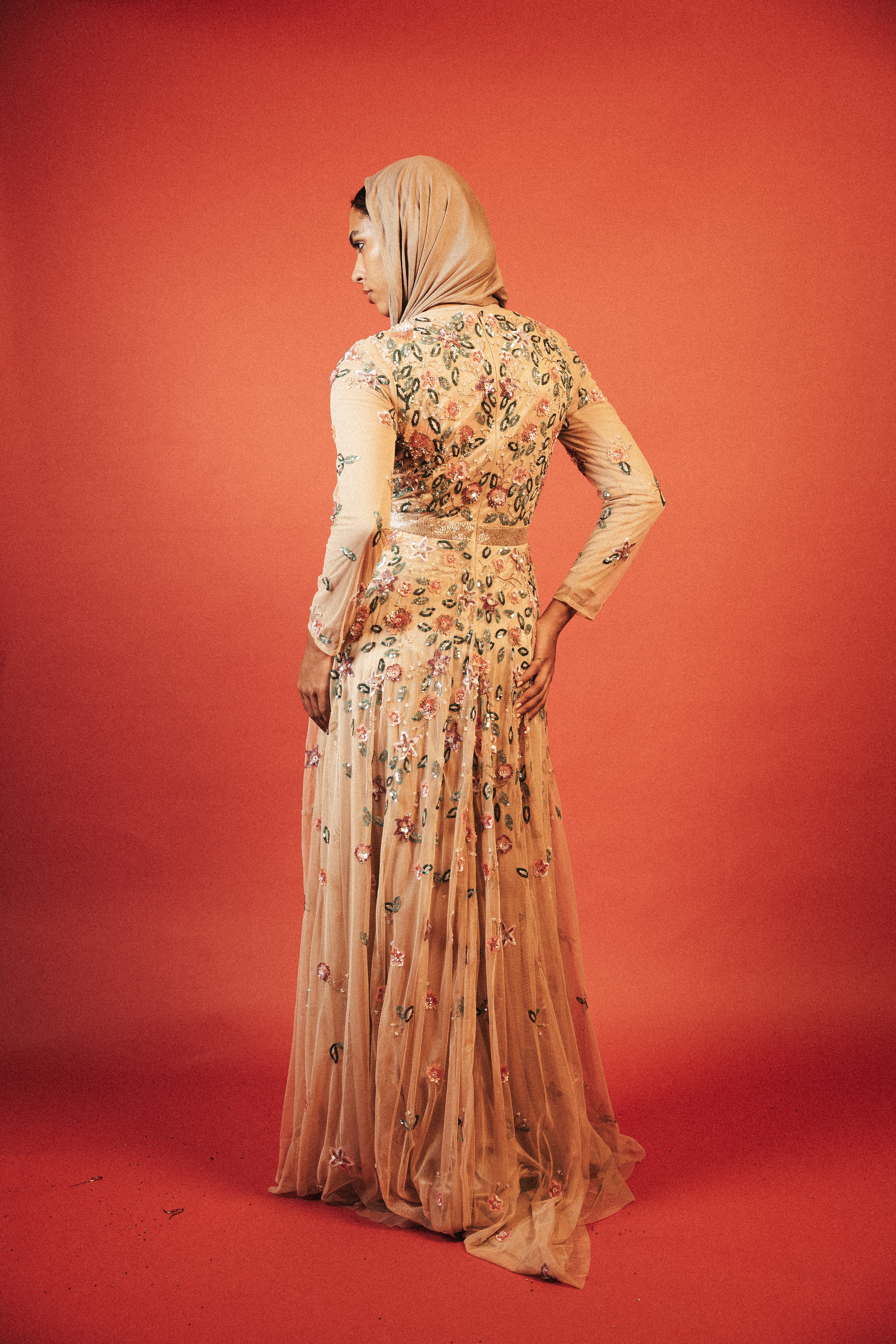 garden long beaded modest dress in CREAM