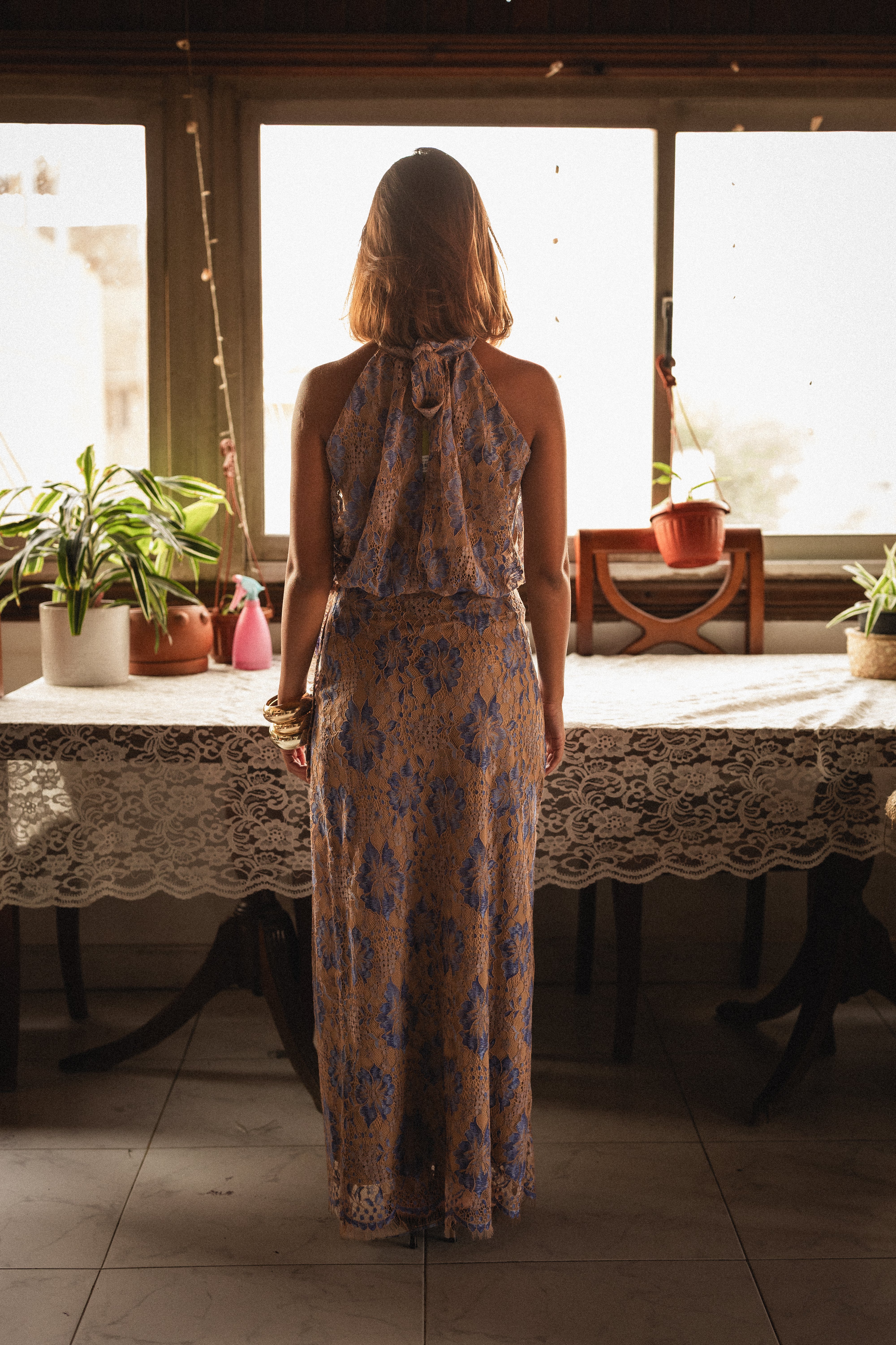 Look 1: Halter neck Set in Beige & Blue