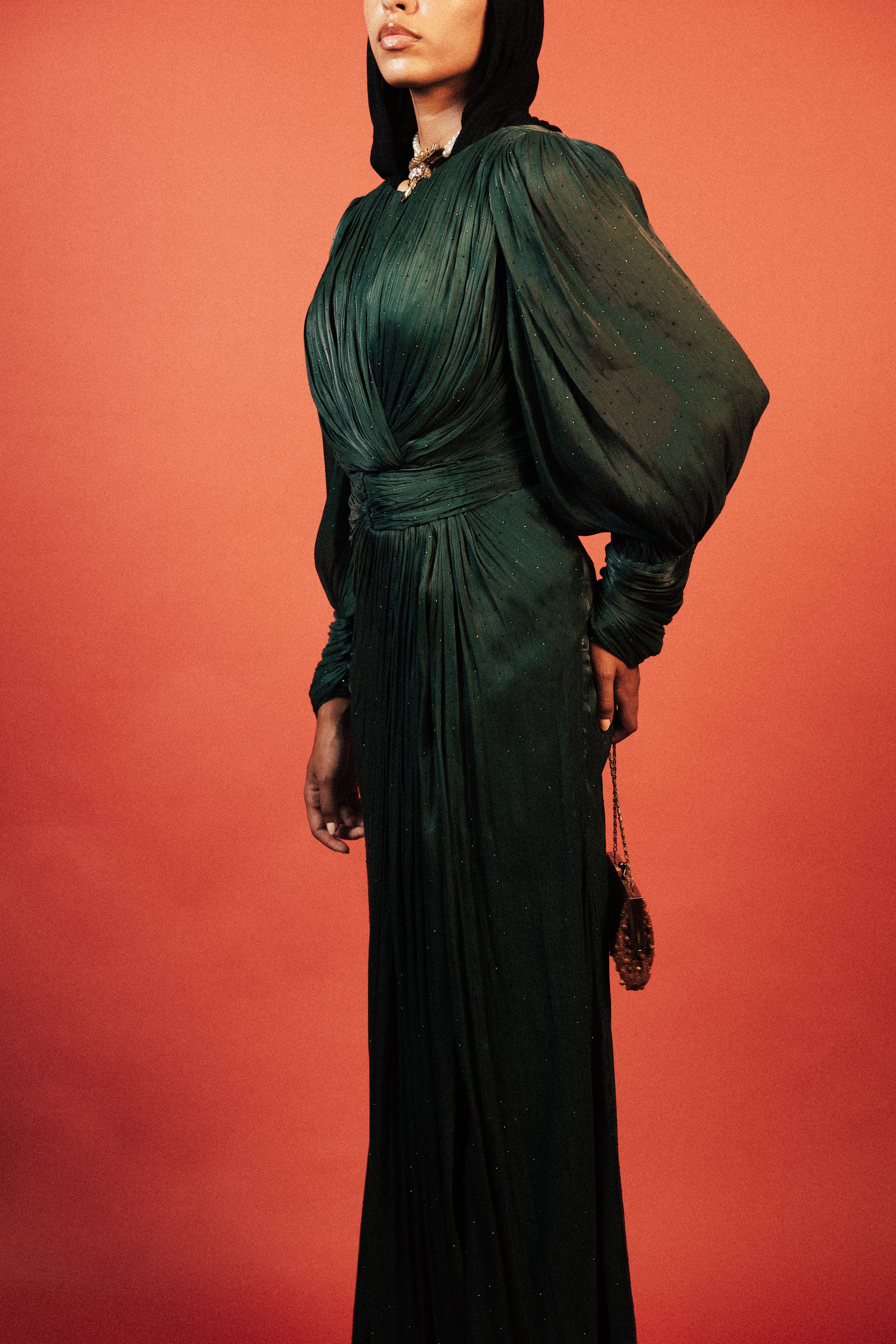 Long Sleeve Sequins Organza Long Dress in Dark Green
