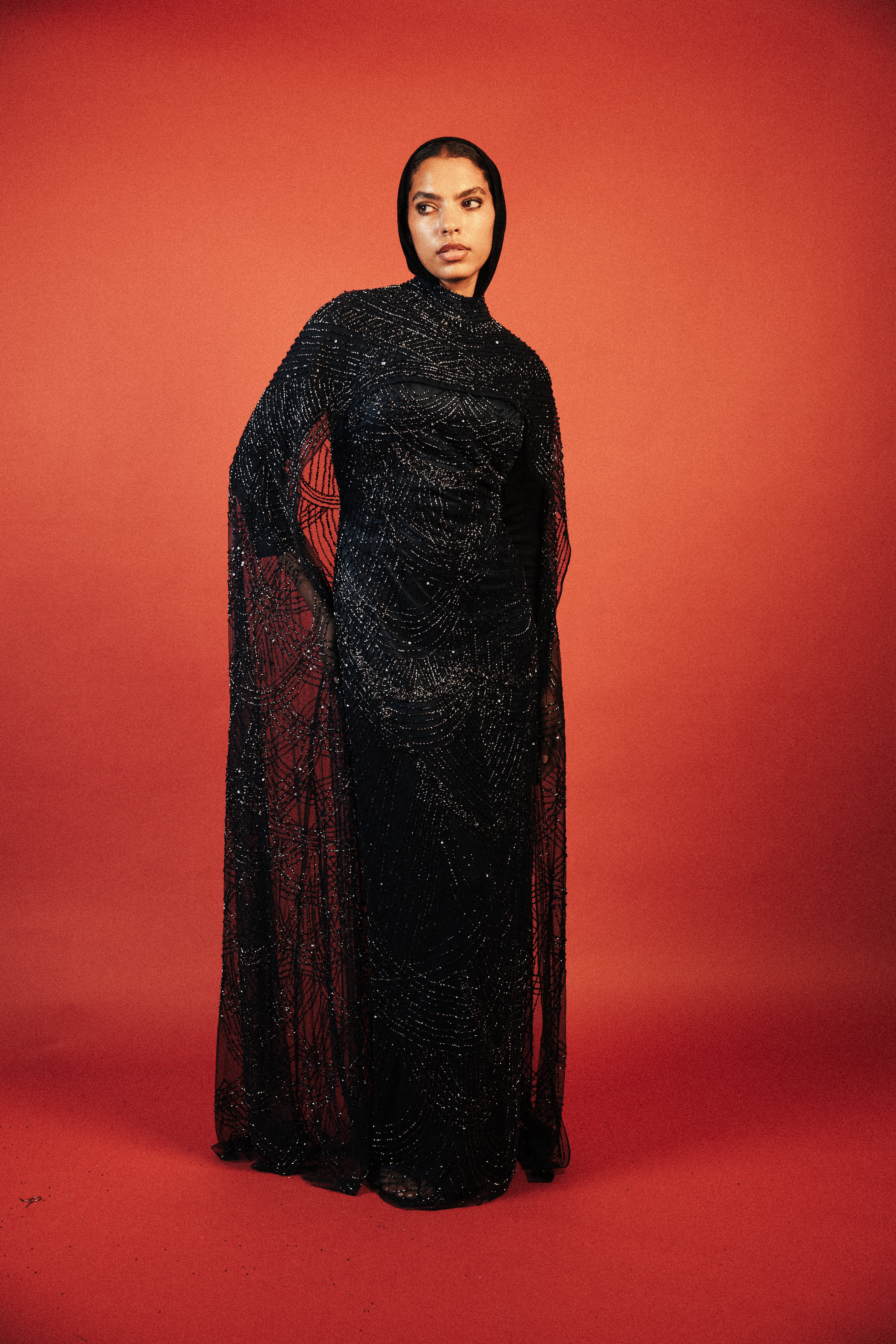 Beaded Long Dress with Cape in NAVY