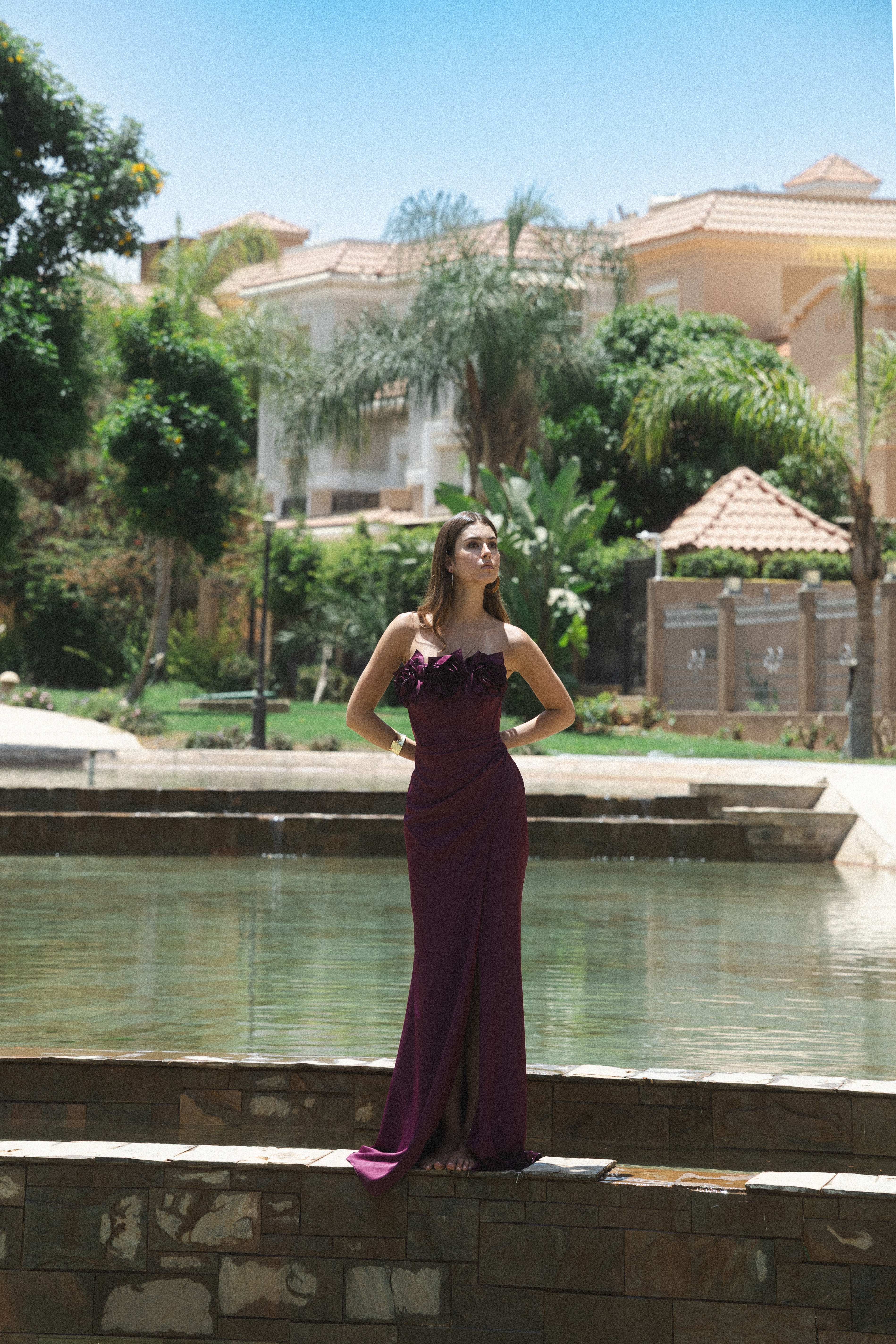 Strapless Flower Corset Satin Dress in Dark Purple
