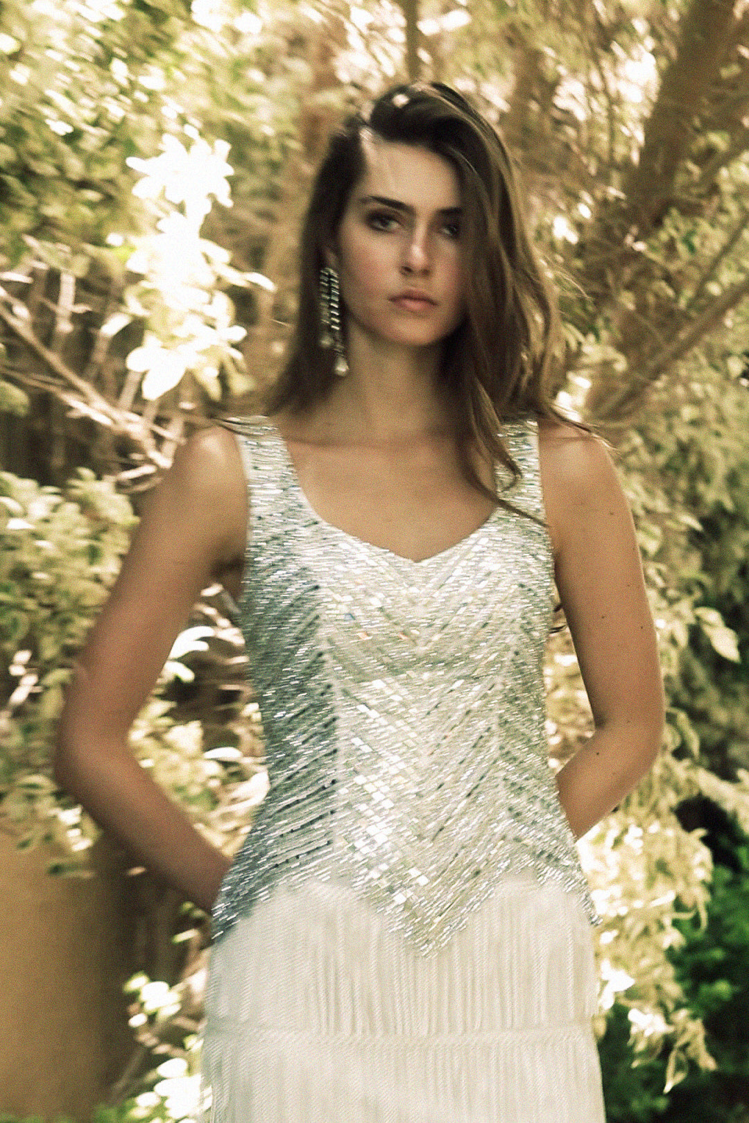 Beaded Long Dress With Fringes in White